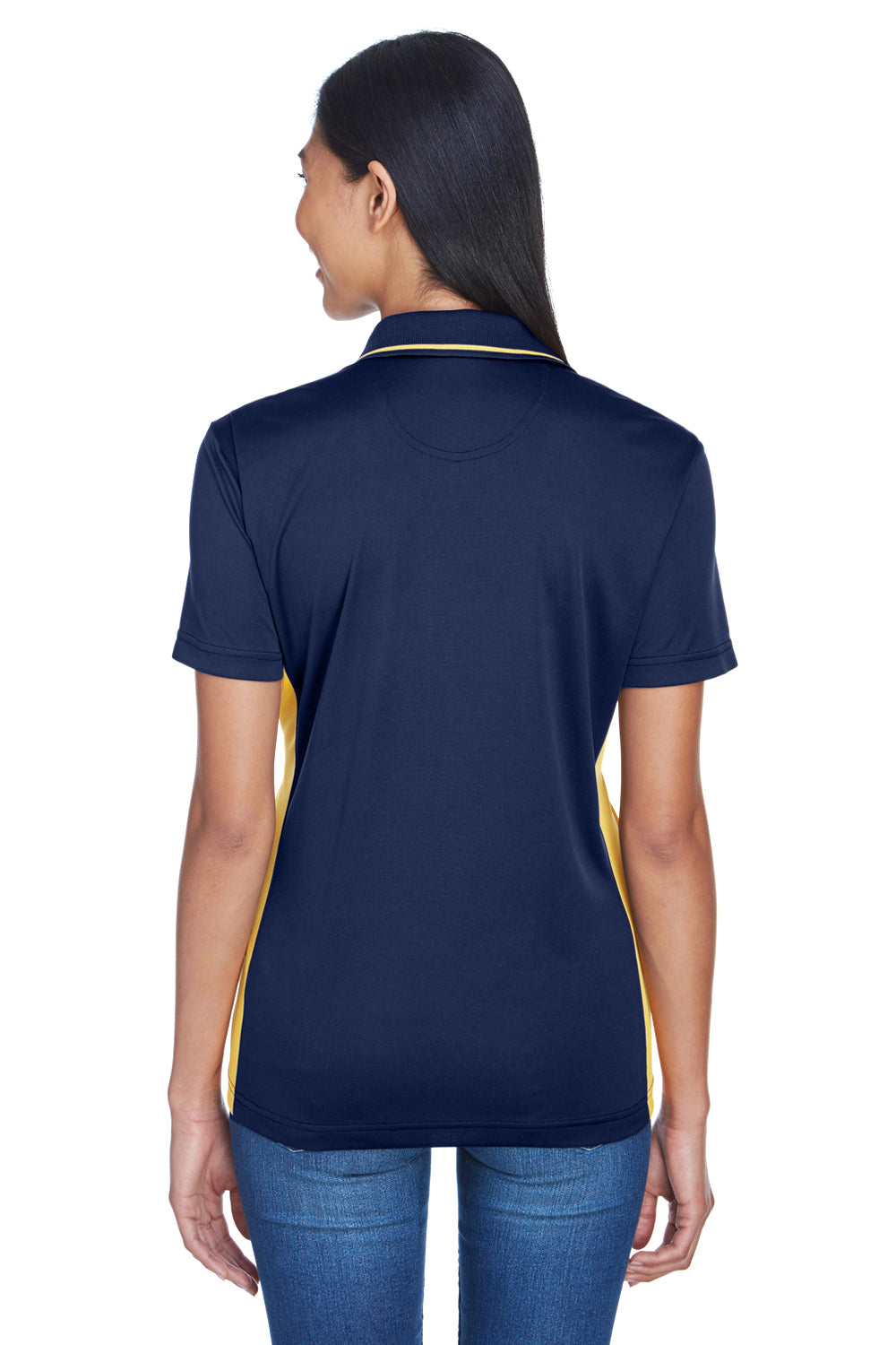 UltraClub 8406L Womens Cool & Dry Moisture Wicking Short Sleeve Polo Shirt Navy Blue/Gold Model Back