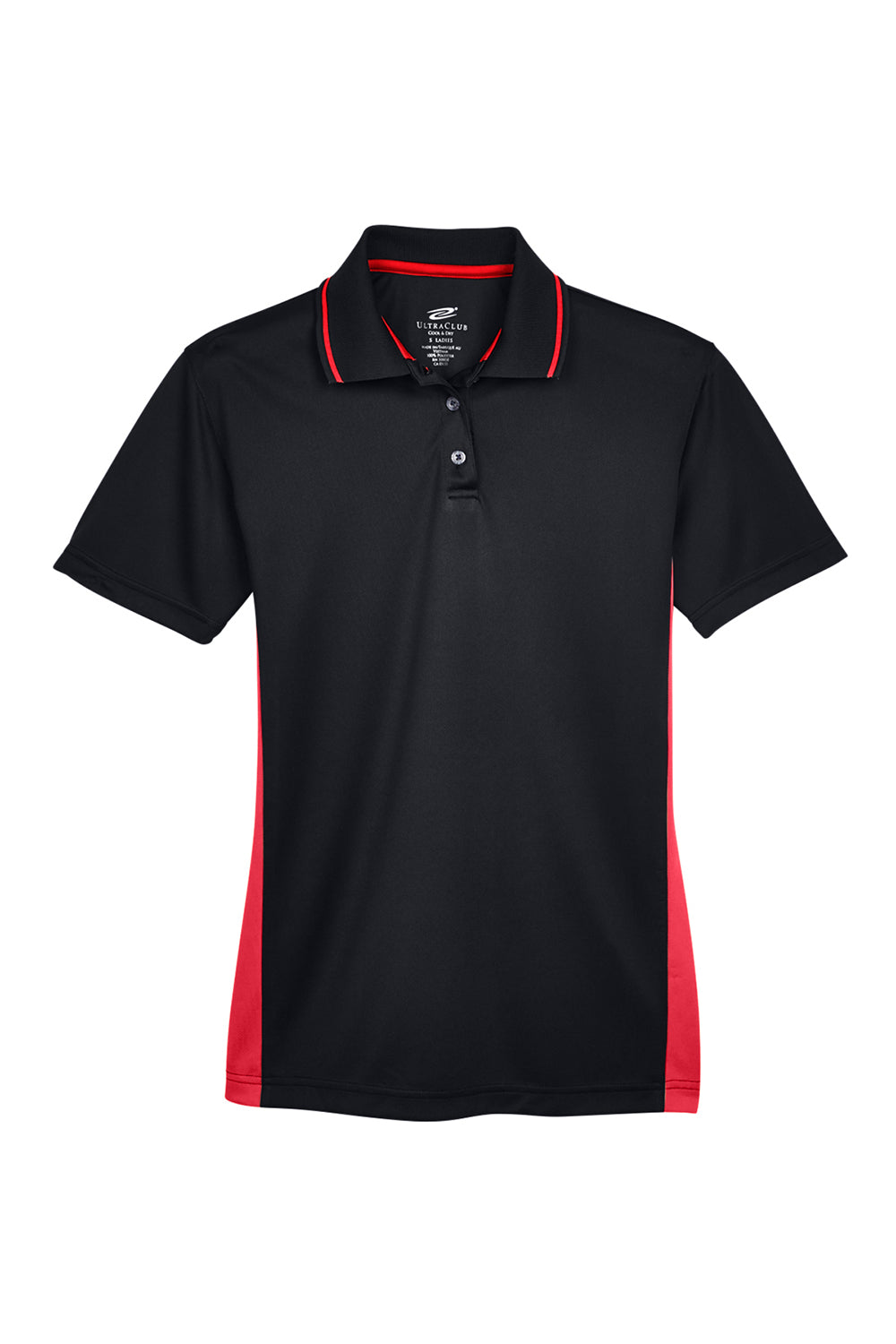 UltraClub 8406L Womens Cool & Dry Moisture Wicking Short Sleeve Polo Shirt Black/Red Flat Front