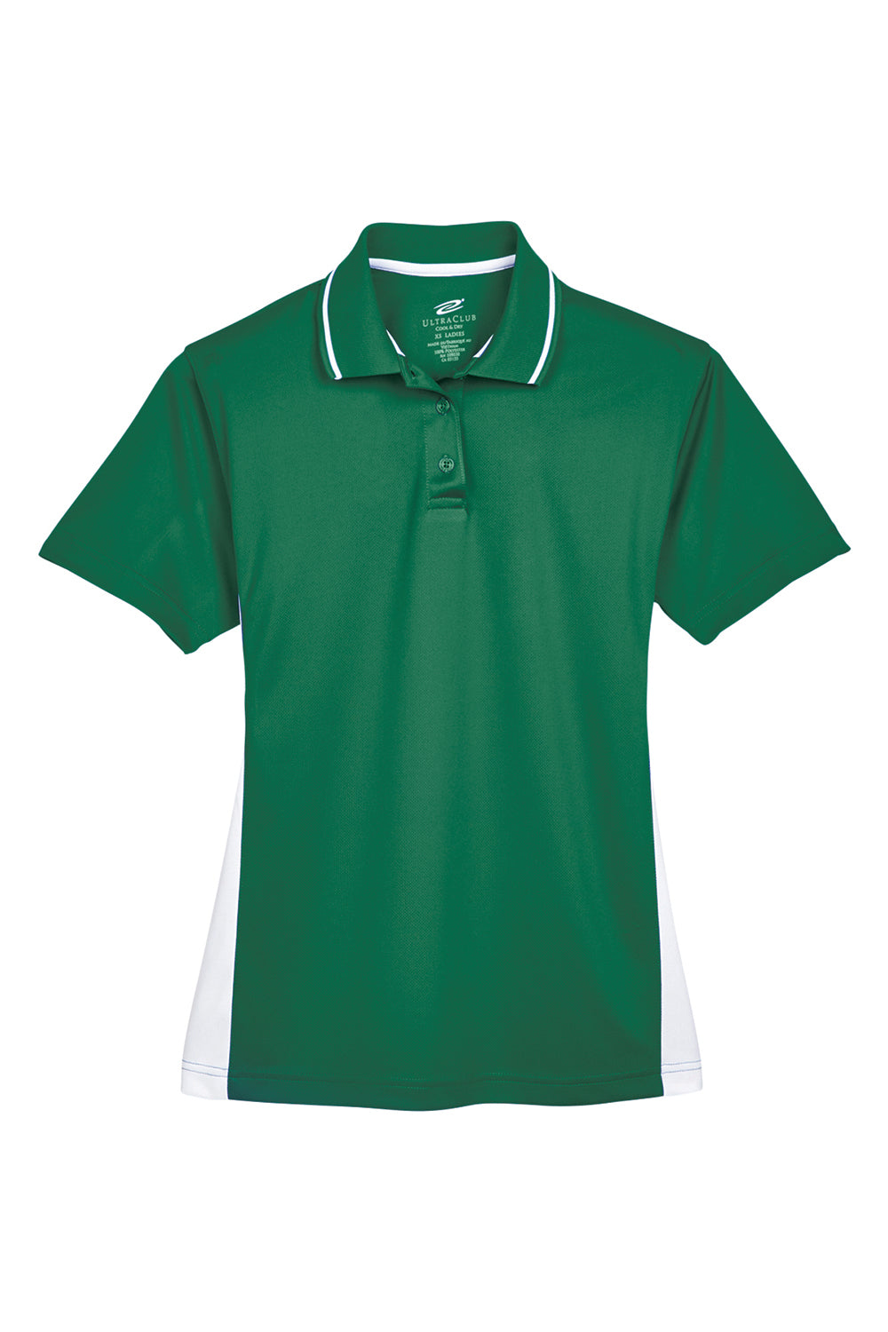 UltraClub 8406L Womens Cool & Dry Moisture Wicking Short Sleeve Polo Shirt Forest Green/White Flat Front