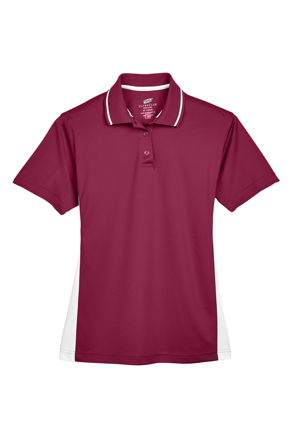 UltraClub 8406L Womens Cool & Dry Moisture Wicking Short Sleeve Polo Shirt Maroon/White Flat Front