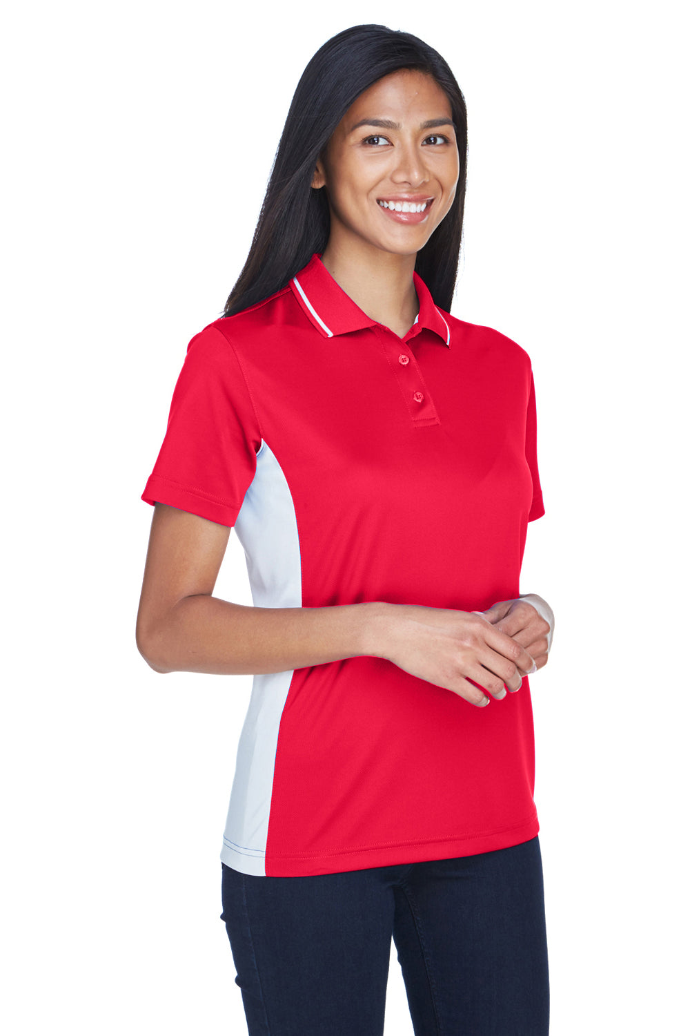 UltraClub 8406L Womens Cool & Dry Moisture Wicking Short Sleeve Polo Shirt Red/White Model 3q