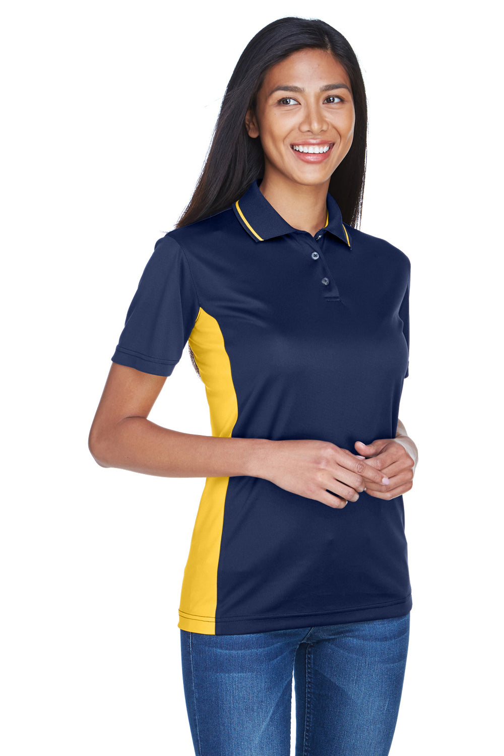 UltraClub 8406L Womens Cool & Dry Moisture Wicking Short Sleeve Polo Shirt Navy Blue/Gold Model 3q