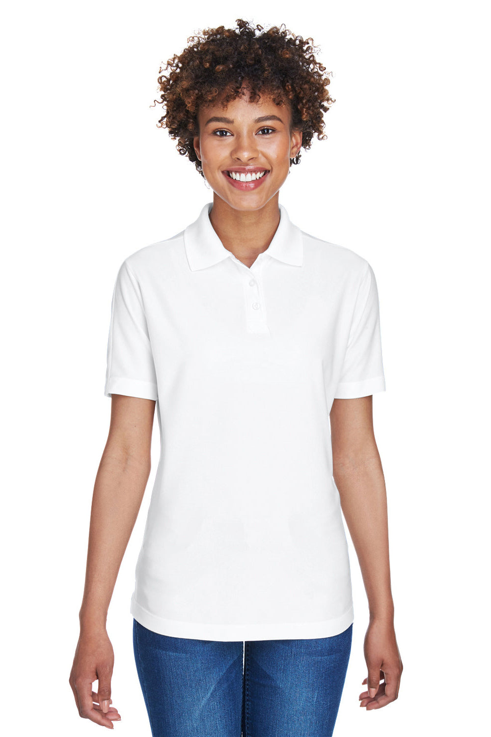 UltraClub 8414 Womens Cool & Dry Elite Performance Moisture Wicking Short Sleeve Polo Shirt White Model Front