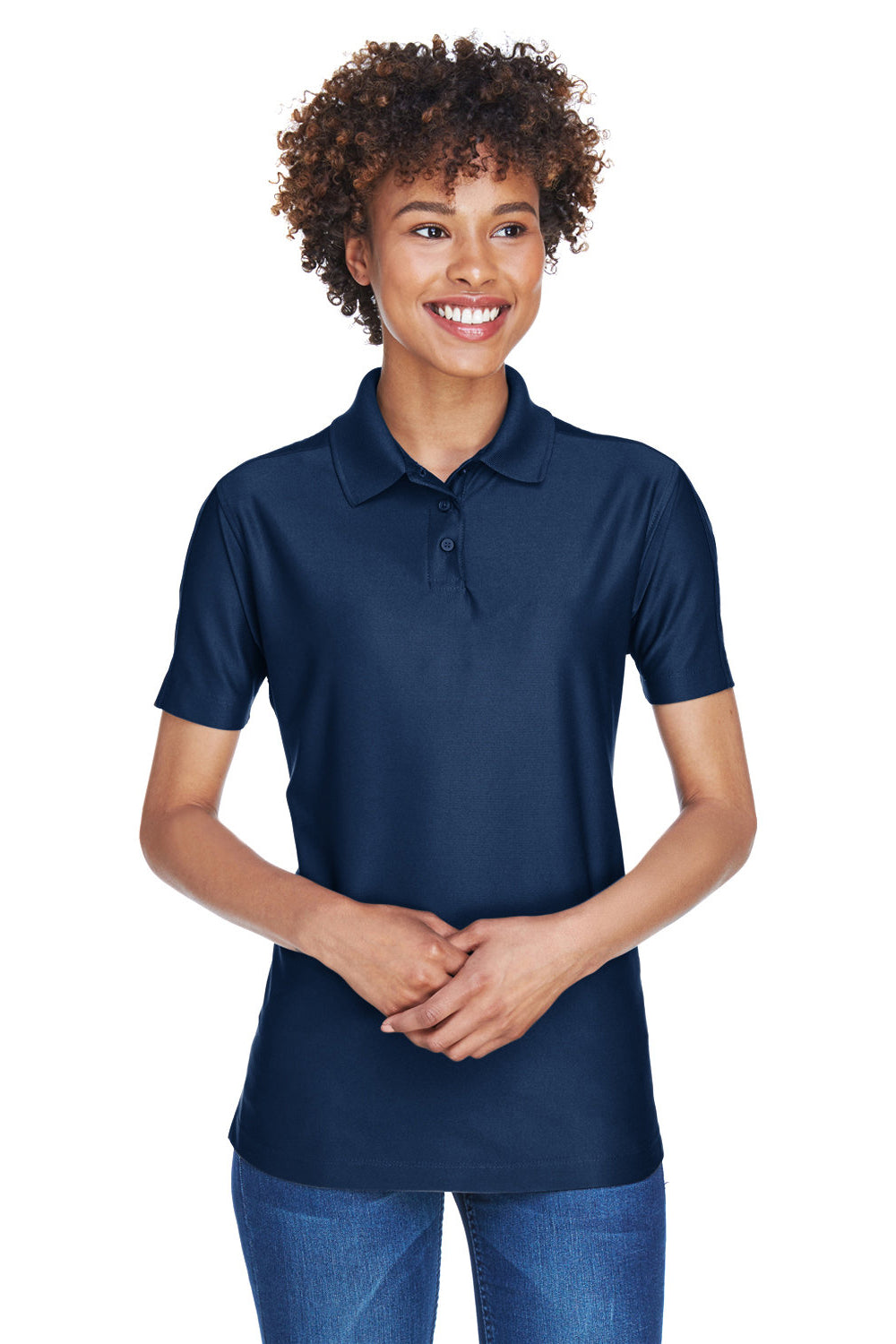 UltraClub 8414 Womens Cool & Dry Elite Performance Moisture Wicking Short Sleeve Polo Shirt Navy Blue Model Front