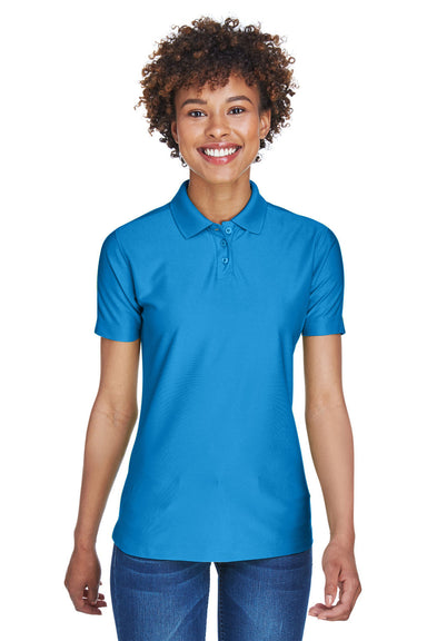 UltraClub 8414 Womens Cool & Dry Elite Performance Moisture Wicking Short Sleeve Polo Shirt Pacific Blue Model Front