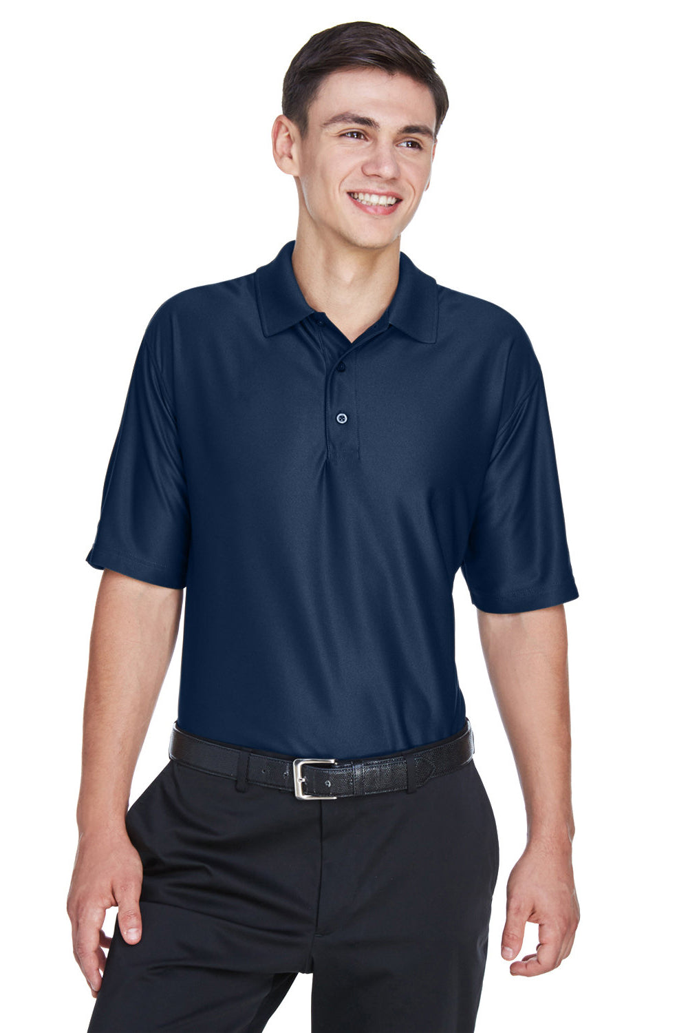 UltraClub 8415/8415T Mens Cool & Dry Elite Performance Moisture Wicking Short Sleeve Polo Shirt Navy Blue Model Front