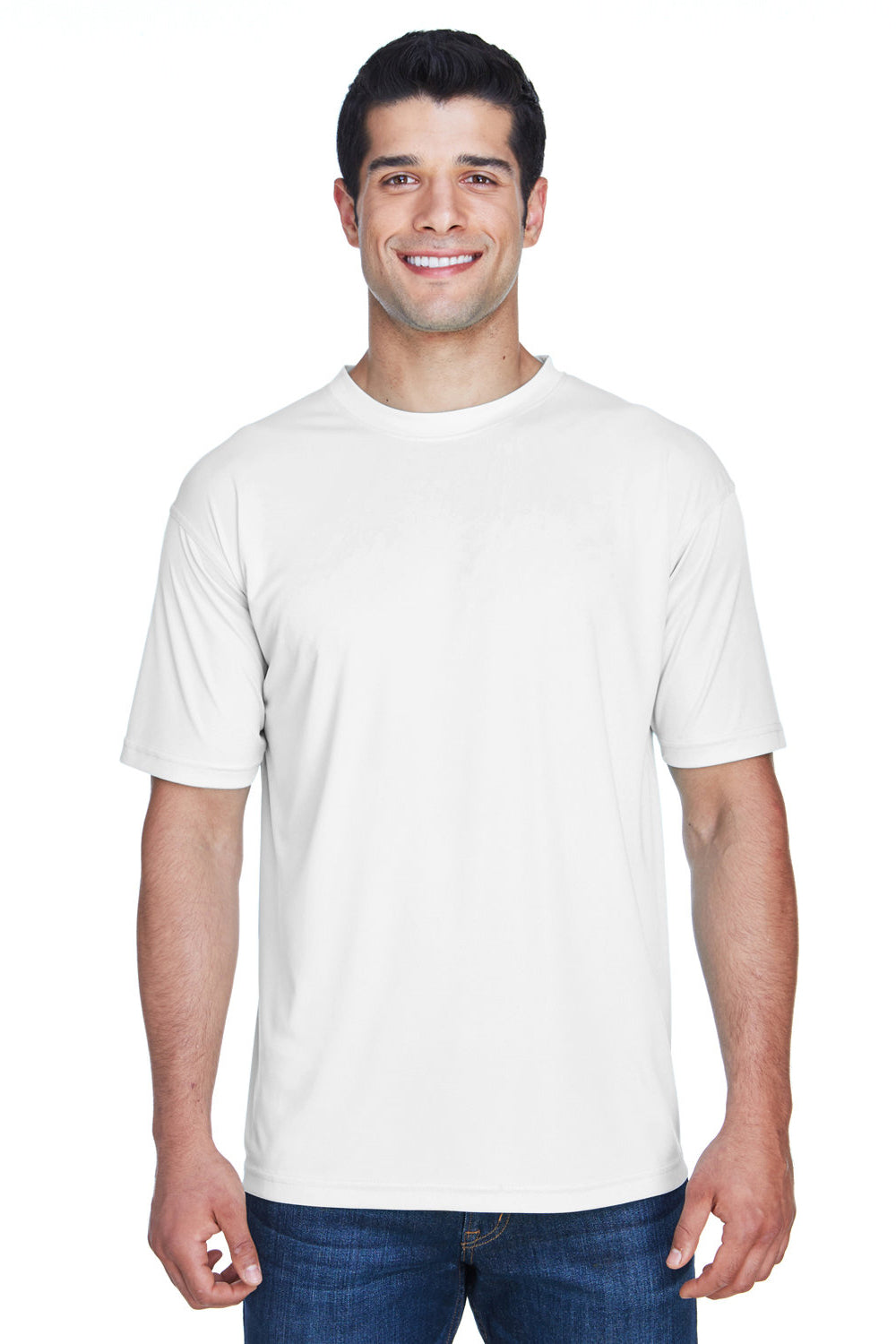 UltraClub 8420 Mens Cool & Dry Performance Moisture Wicking Short Sleeve Crewneck T-Shirt White Model Front