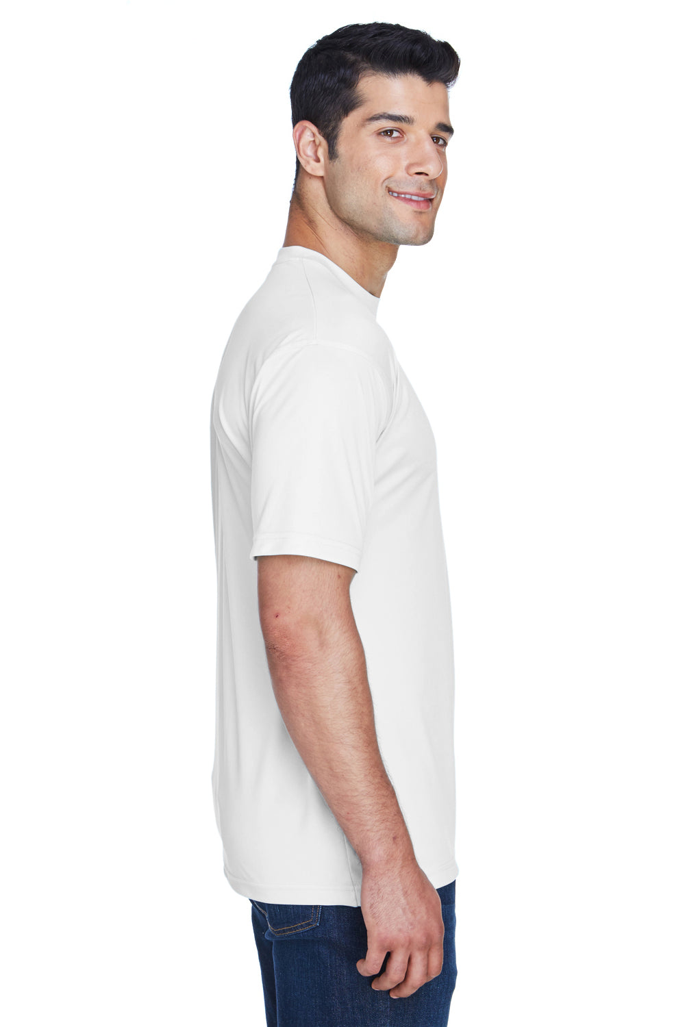 UltraClub 8420 Mens Cool & Dry Performance Moisture Wicking Short Sleeve Crewneck T-Shirt White Model Side