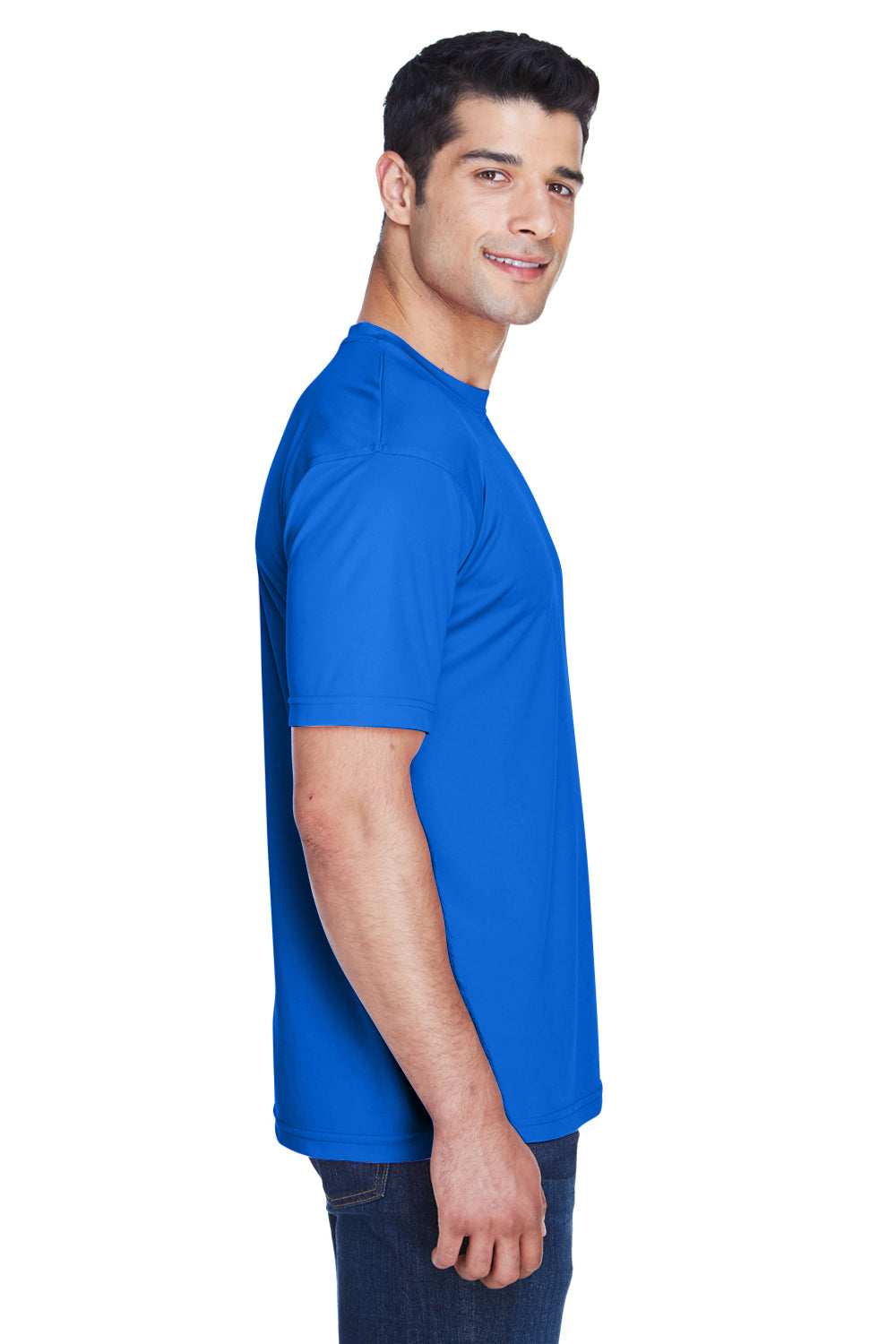 UltraClub 8420 Mens Cool & Dry Performance Moisture Wicking Short Sleeve Crewneck T-Shirt Royal Blue Model Side