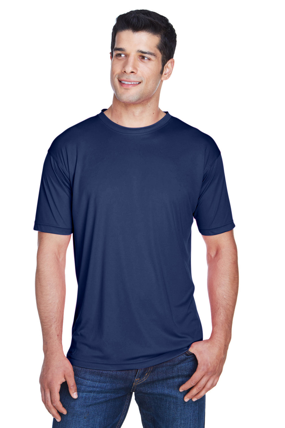 UltraClub 8420 Mens Cool & Dry Performance Moisture Wicking Short Sleeve Crewneck T-Shirt Navy Blue Model Front