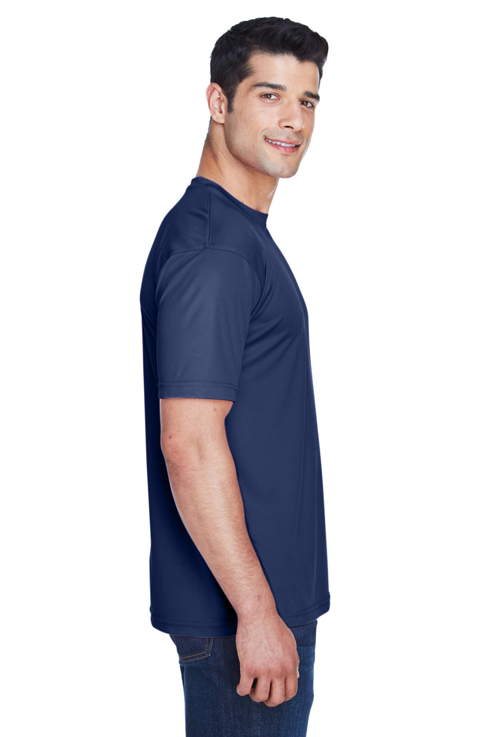 UltraClub 8420 Mens Cool & Dry Performance Moisture Wicking Short Sleeve Crewneck T-Shirt Navy Blue Model Side