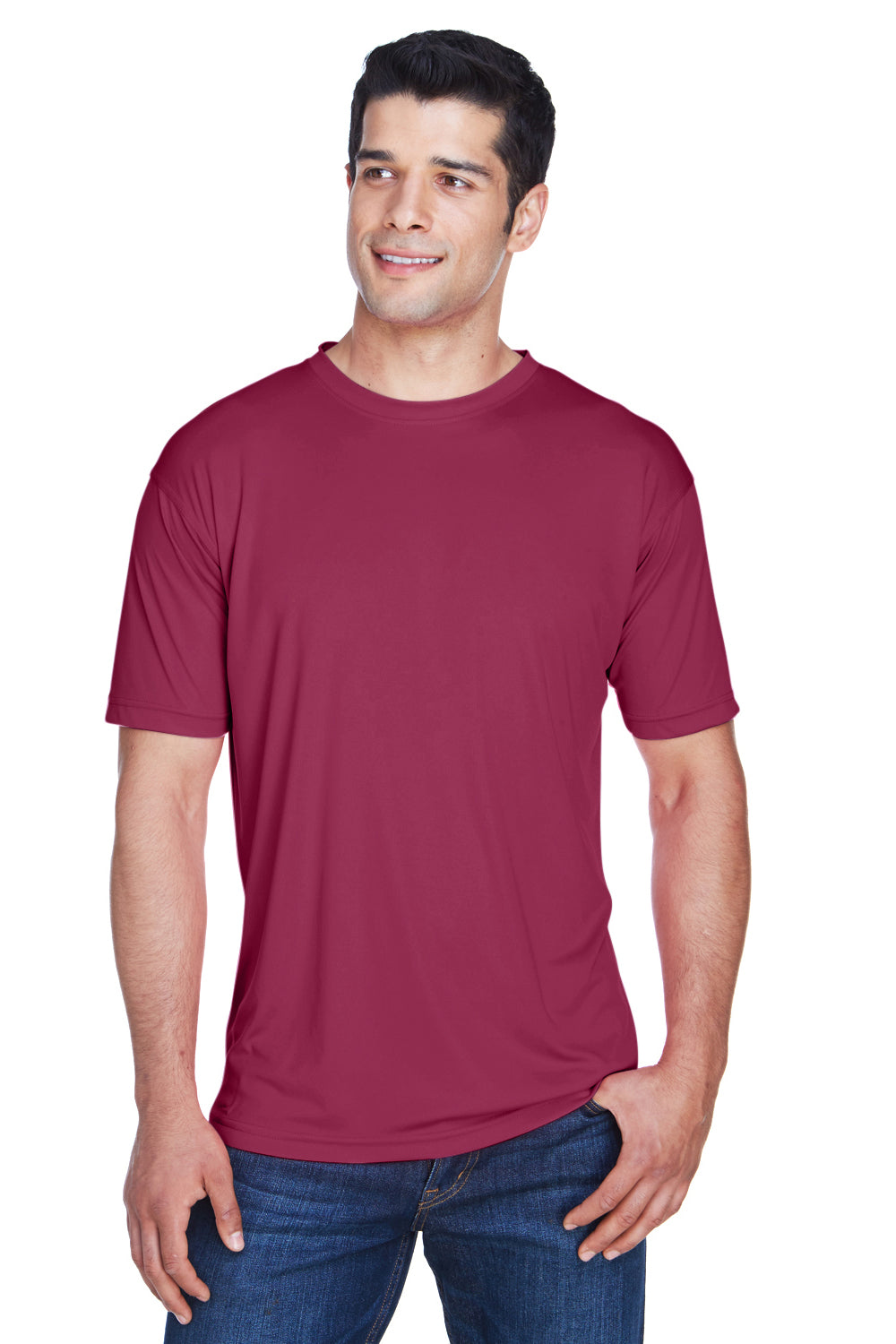 UltraClub 8420 Mens Cool & Dry Performance Moisture Wicking Short Sleeve Crewneck T-Shirt Maroon Model Front