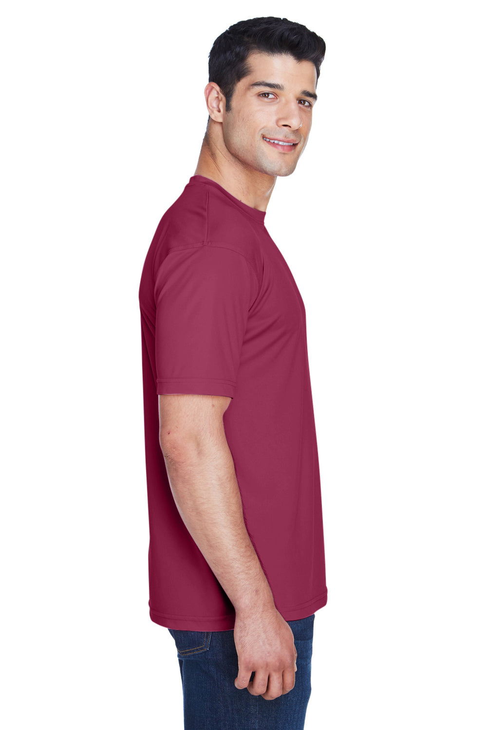 UltraClub 8420 Mens Cool & Dry Performance Moisture Wicking Short Sleeve Crewneck T-Shirt Maroon Model Side