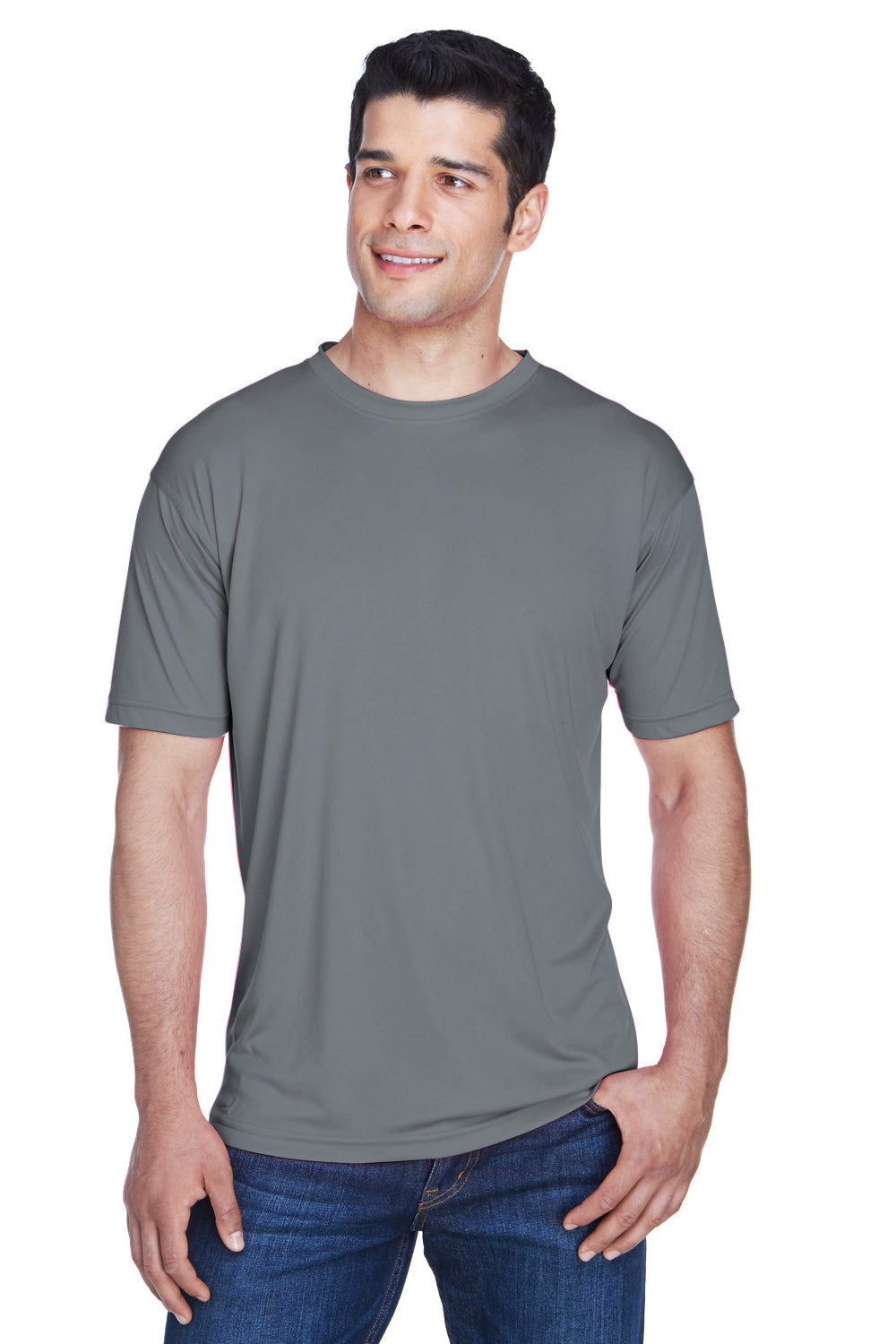 UltraClub 8420 Mens Cool & Dry Performance Moisture Wicking Short Sleeve Crewneck T-Shirt Charcoal Grey Model Front