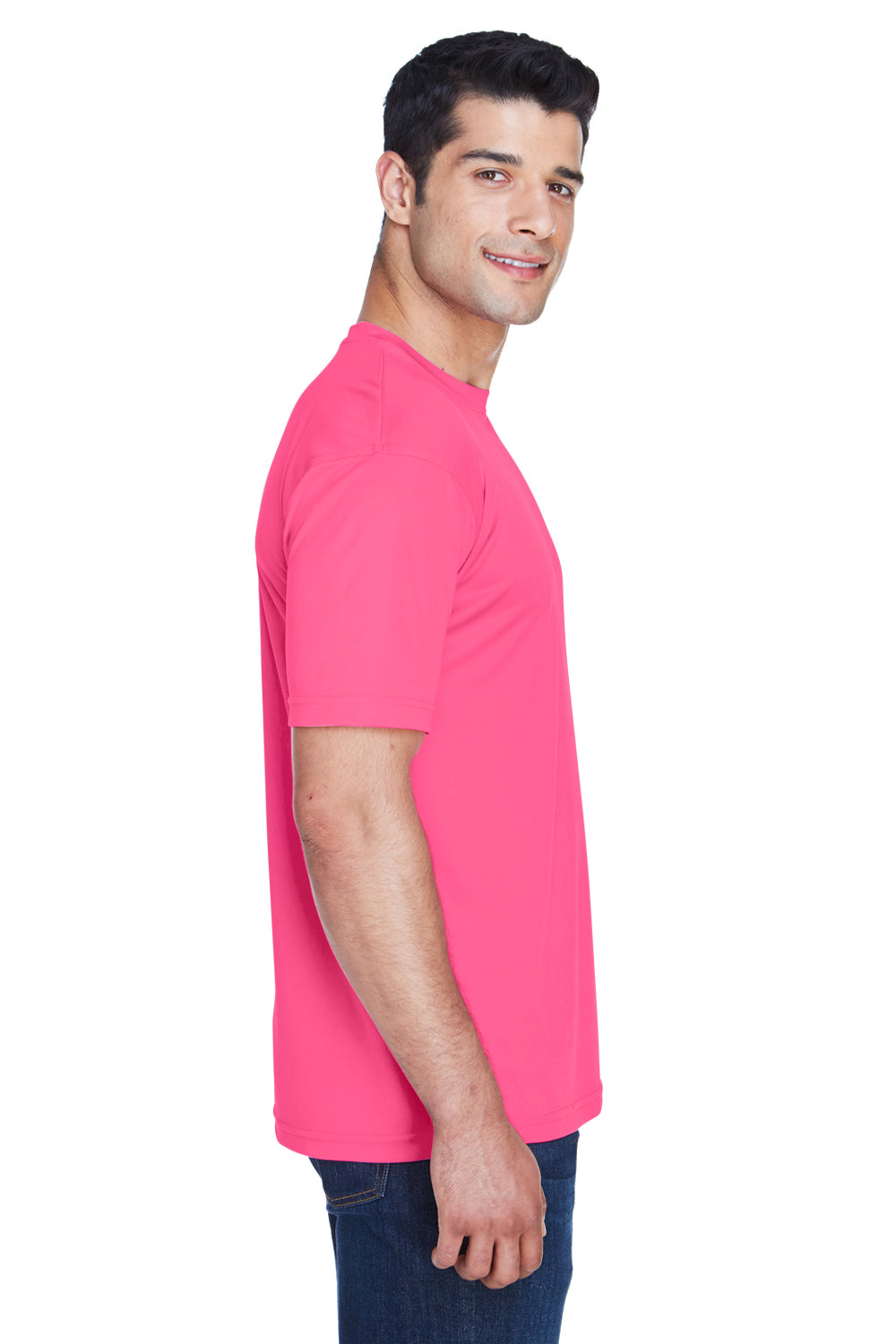 UltraClub 8420 Mens Cool & Dry Performance Moisture Wicking Short Sleeve Crewneck T-Shirt Heliconia Pink Model Side