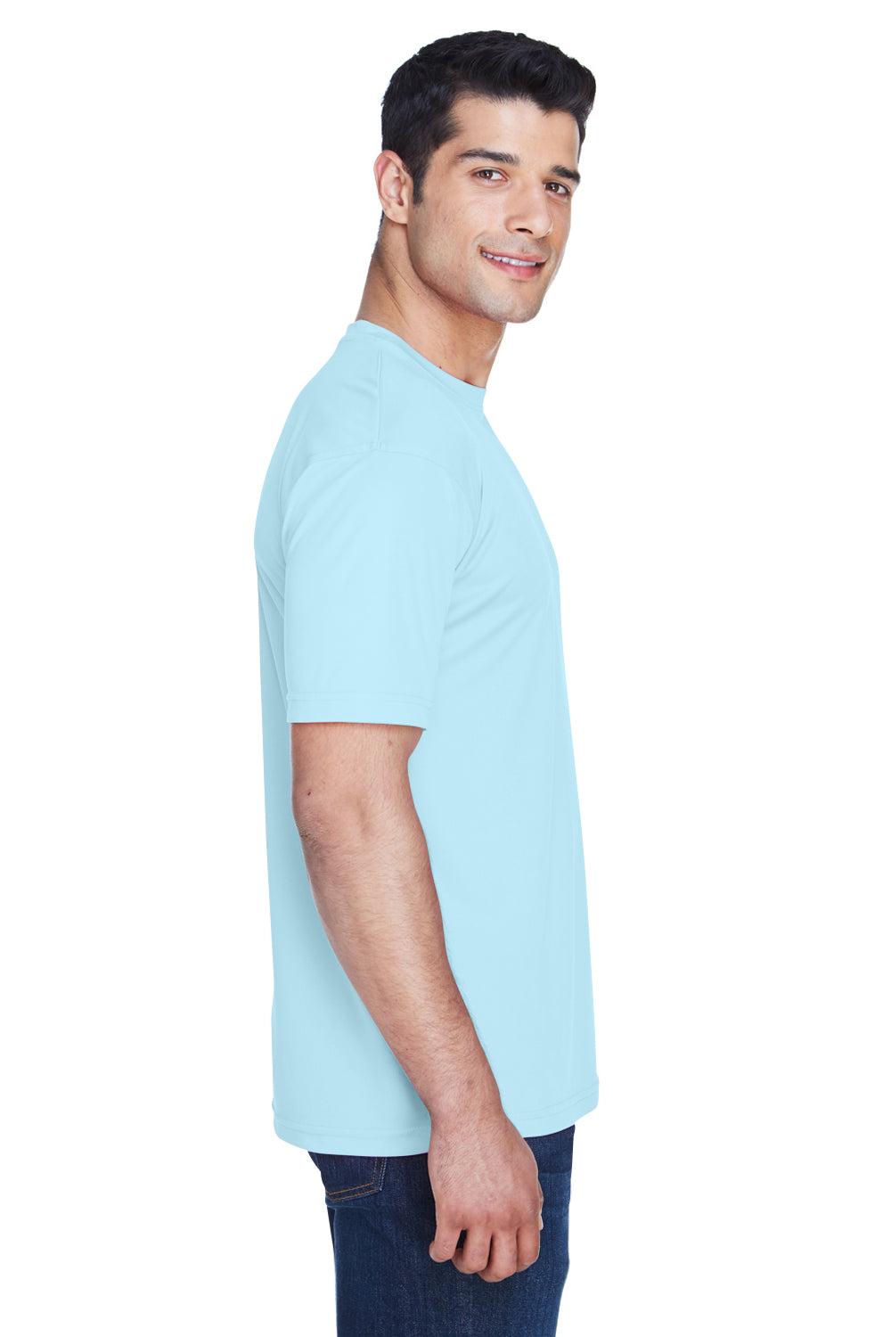 UltraClub 8420 Mens Cool & Dry Performance Moisture Wicking Short Sleeve Crewneck T-Shirt Ice Blue Model Side