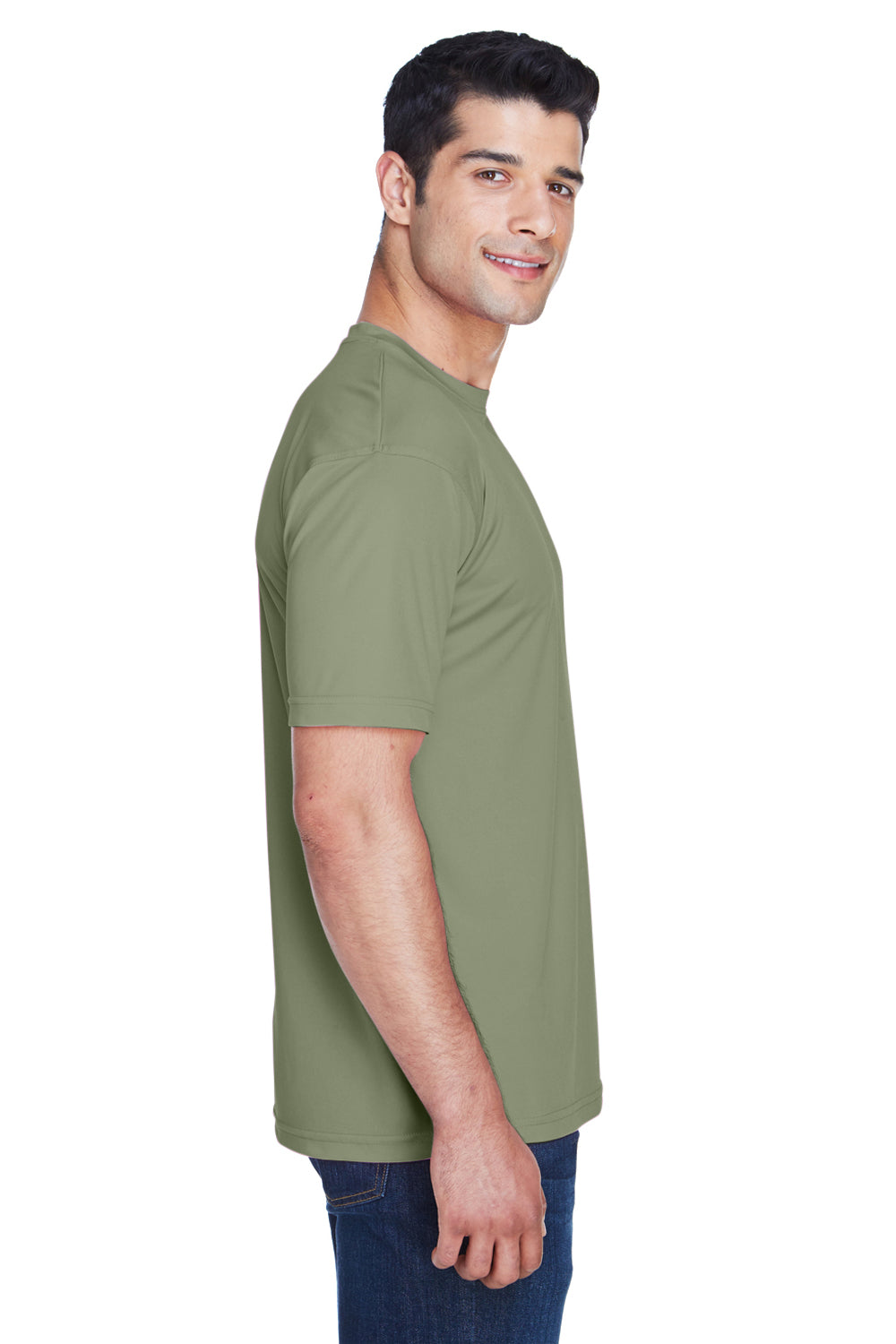 UltraClub 8420 Mens Cool & Dry Performance Moisture Wicking Short Sleeve Crewneck T-Shirt Military Green Model Side