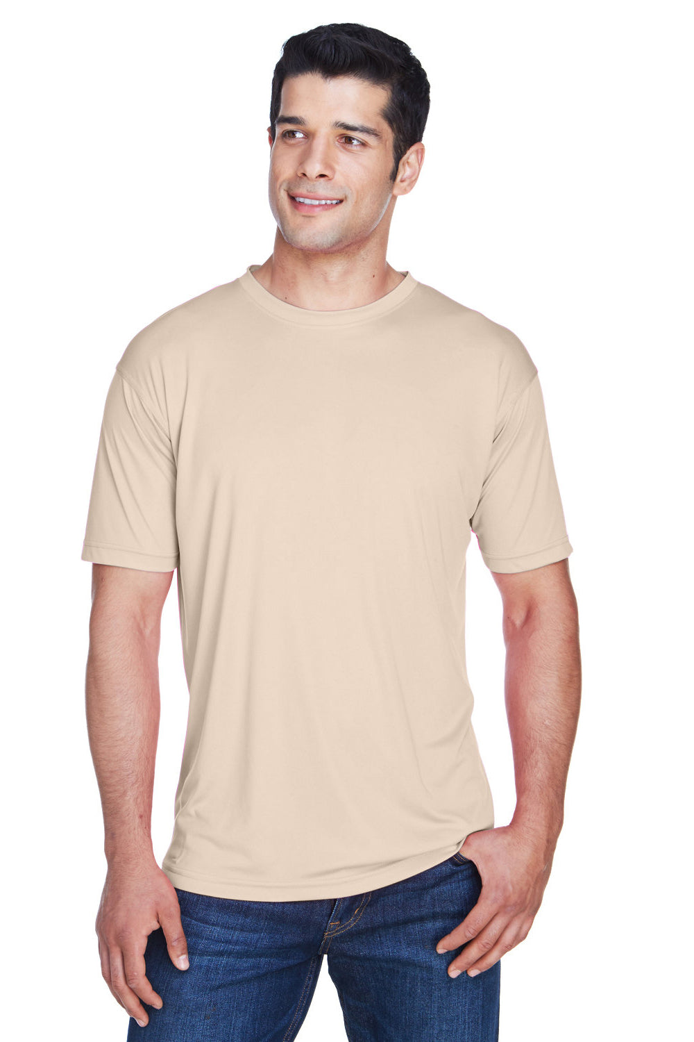 UltraClub 8420 Mens Cool & Dry Performance Moisture Wicking Short Sleeve Crewneck T-Shirt Sand Model Front