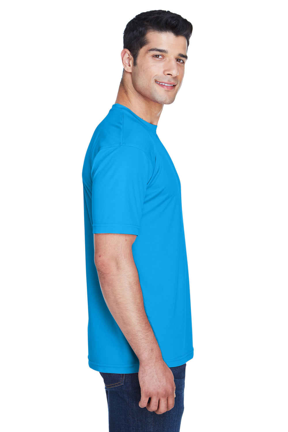 UltraClub 8420 Mens Cool & Dry Performance Moisture Wicking Short Sleeve Crewneck T-Shirt Sapphire Blue Model Side