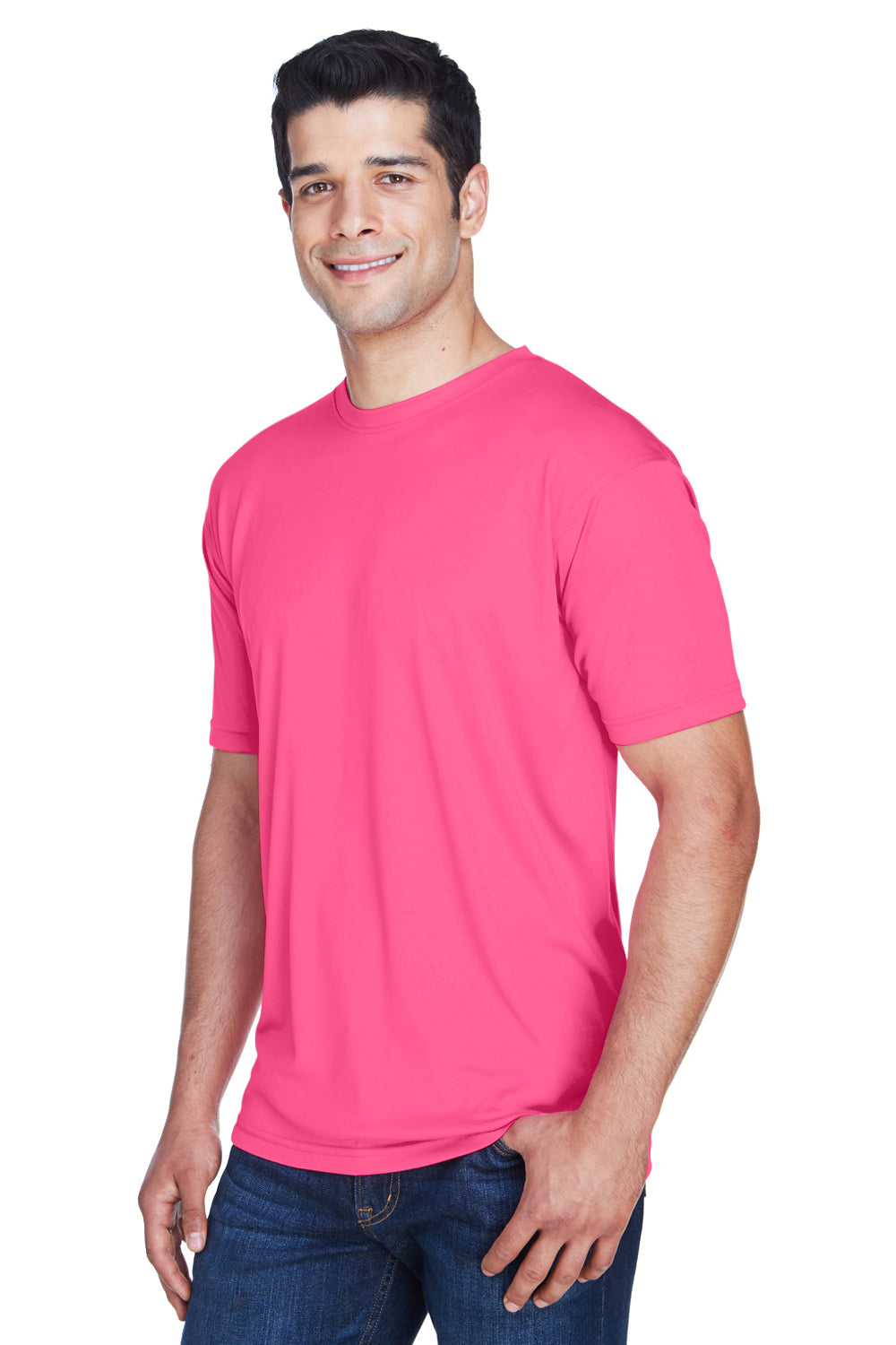 UltraClub 8420 Mens Cool & Dry Performance Moisture Wicking Short Sleeve Crewneck T-Shirt Heliconia Pink Model 3q