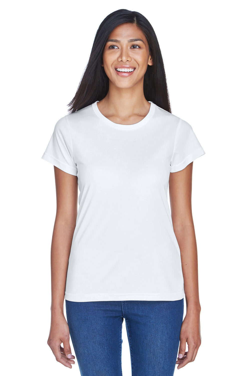 UltraClub 8420L Womens Cool & Dry Performance Moisture Wicking Short Sleeve Crewneck T-Shirt White Model Front