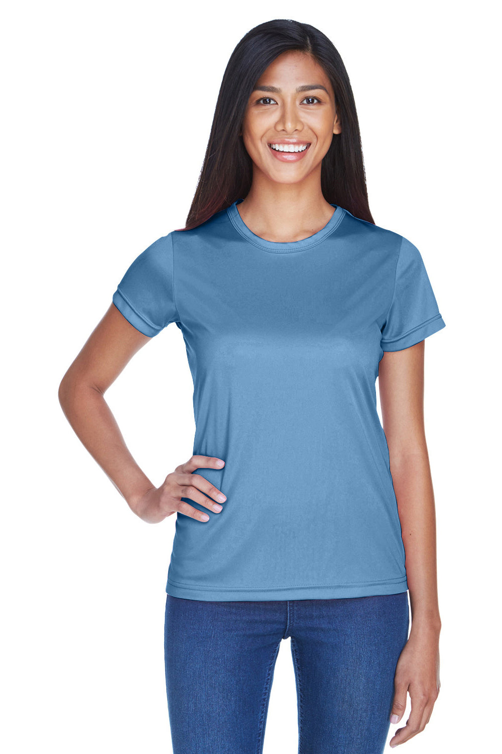 UltraClub 8420L Womens Cool & Dry Performance Moisture Wicking Short Sleeve Crewneck T-Shirt Indigo Blue Model Front