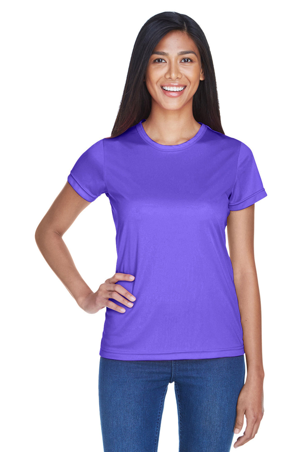 UltraClub 8420L Womens Cool & Dry Performance Moisture Wicking Short Sleeve Crewneck T-Shirt Purple Model Front