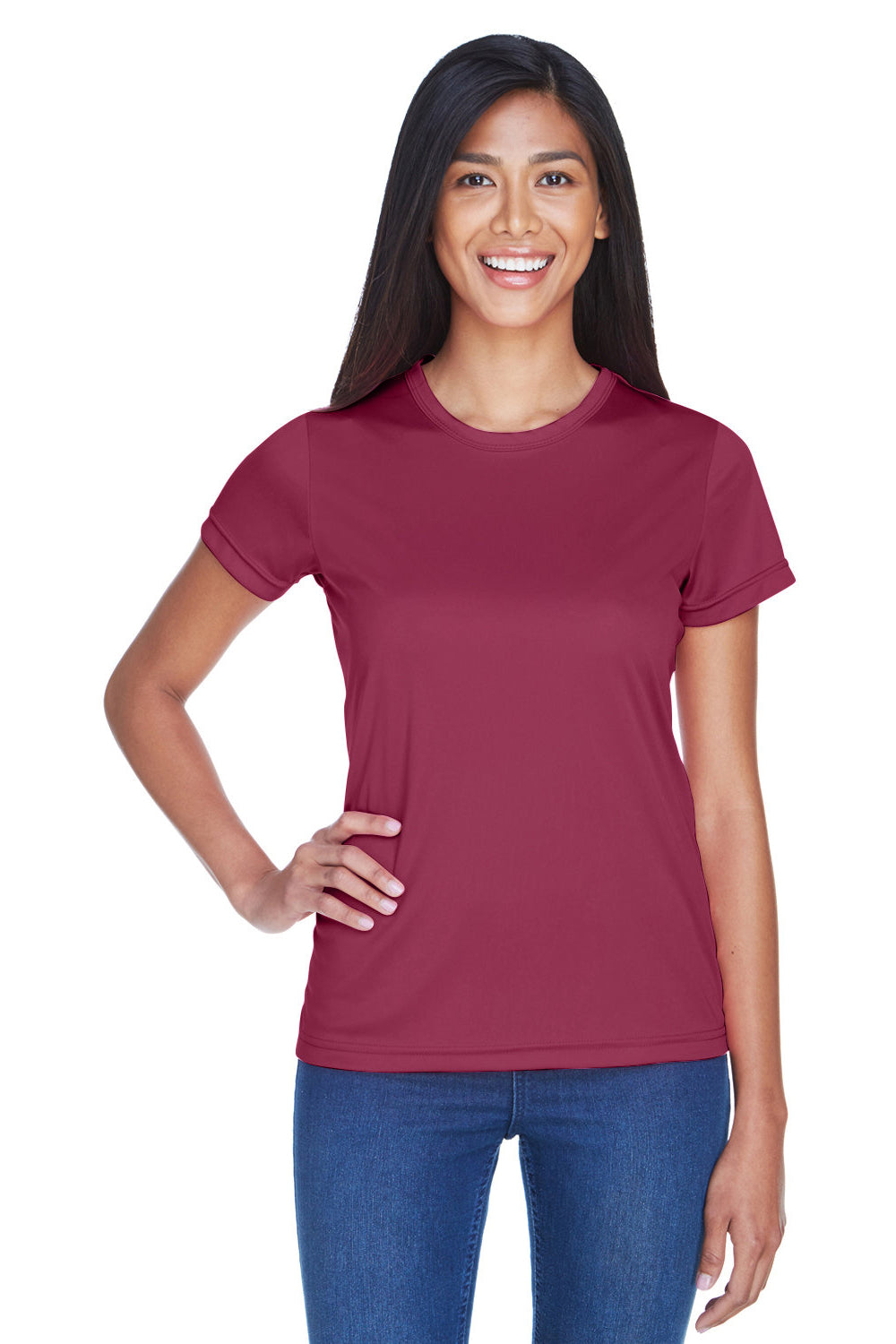 UltraClub 8420L Womens Cool & Dry Performance Moisture Wicking Short Sleeve Crewneck T-Shirt Maroon Model Front