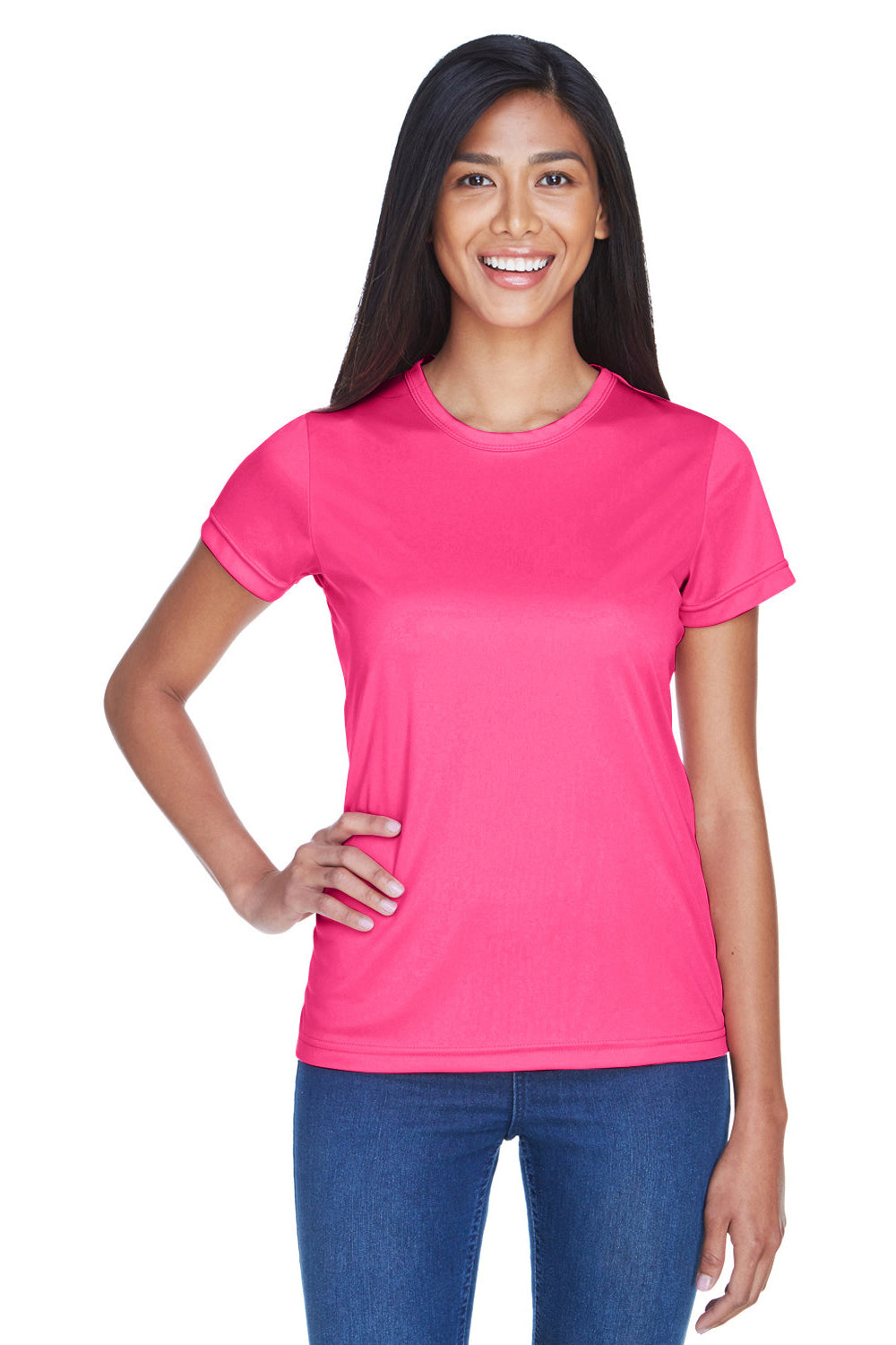 UltraClub 8420L Womens Cool & Dry Performance Moisture Wicking Short Sleeve Crewneck T-Shirt Heliconia Pink Model Front