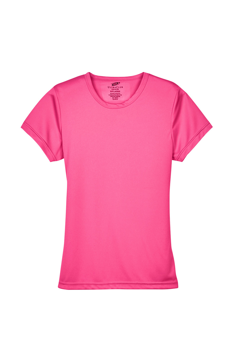 UltraClub 8420L Womens Cool & Dry Performance Moisture Wicking Short Sleeve Crewneck T-Shirt Heliconia Pink Flat Front