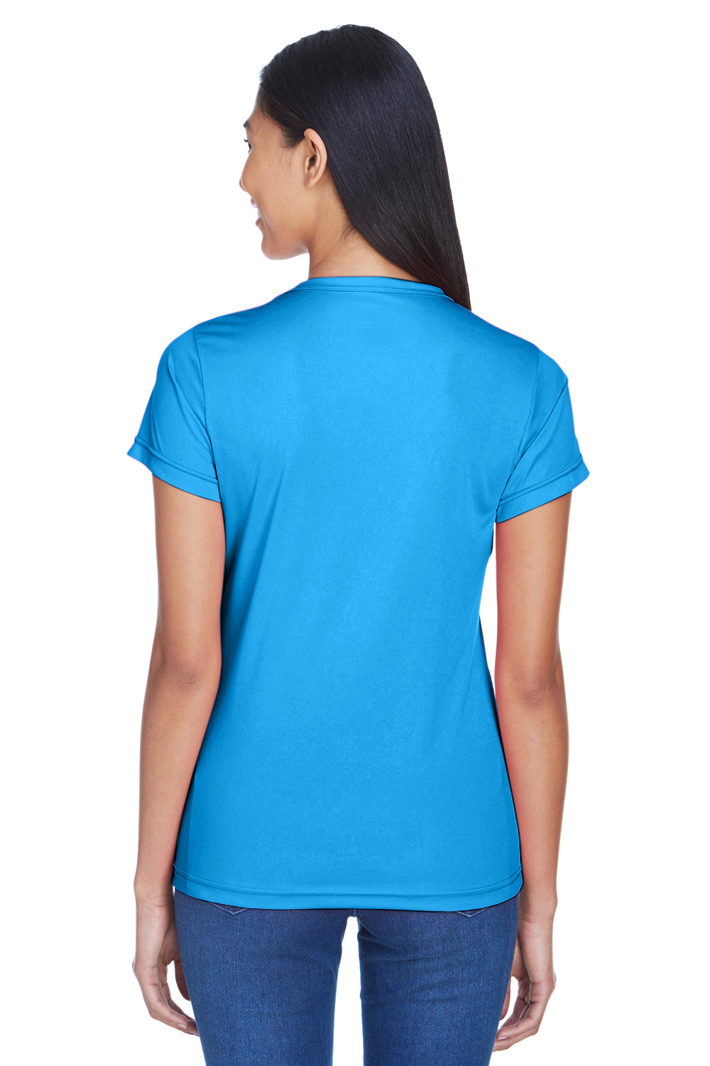 UltraClub 8420L Womens Cool & Dry Performance Moisture Wicking Short Sleeve Crewneck T-Shirt Sapphire Blue Model Back