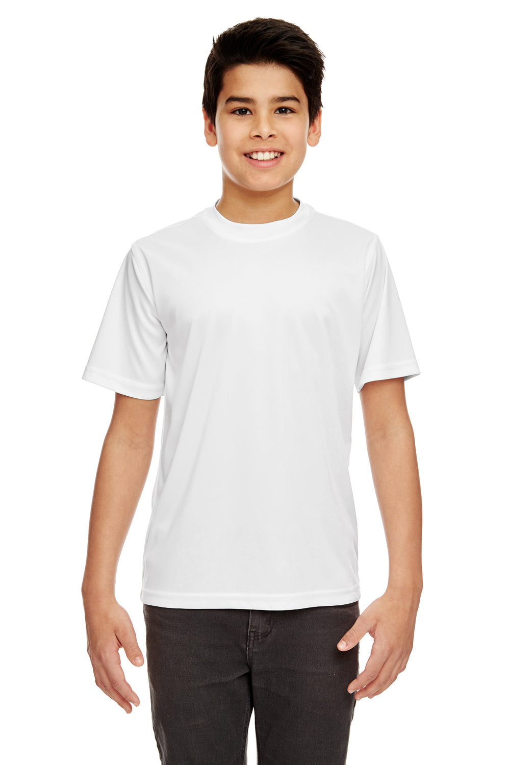 UltraClub 8420Y Youth Cool & Dry Performance Moisture Wicking Short Sleeve Crewneck T-Shirt White Model Front