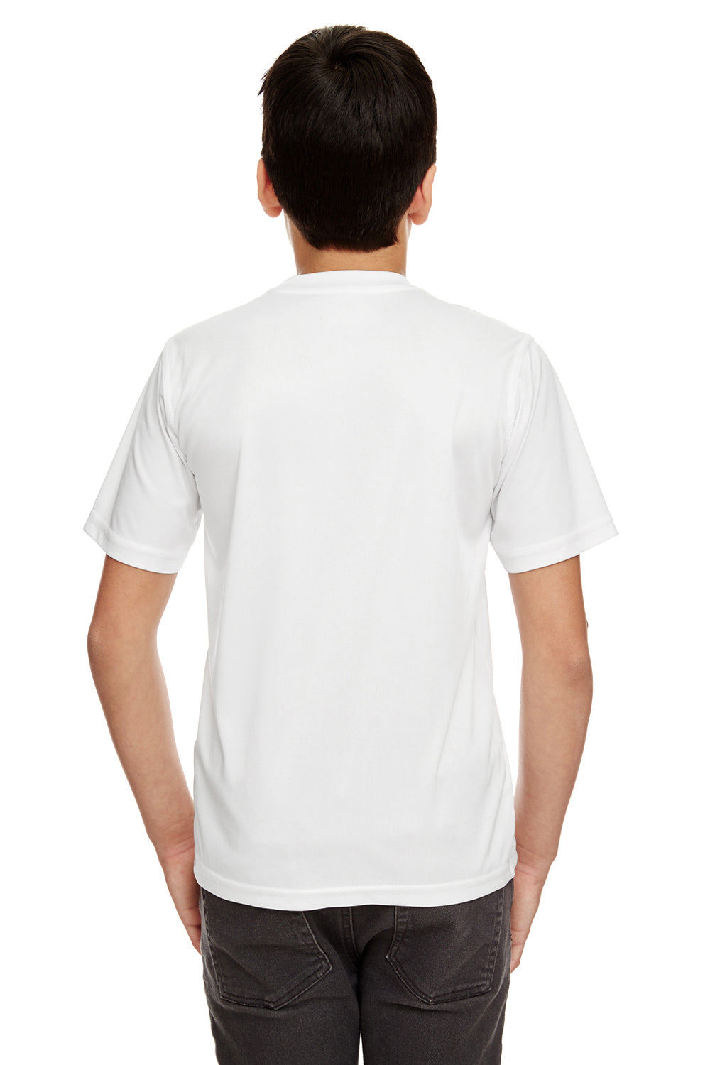 UltraClub 8420Y Youth Cool & Dry Performance Moisture Wicking Short Sleeve Crewneck T-Shirt White Model Back