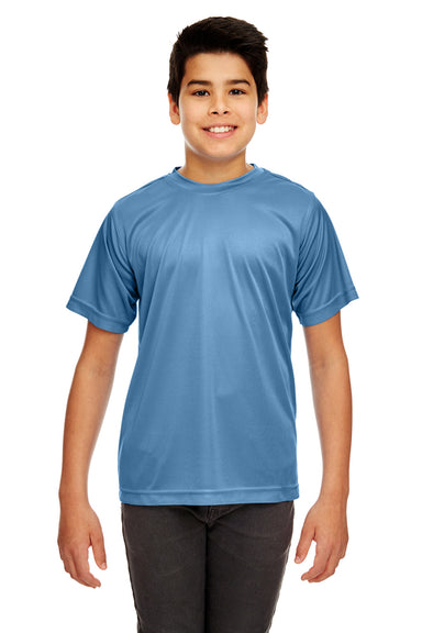 UltraClub 8420Y Youth Cool & Dry Performance Moisture Wicking Short Sleeve Crewneck T-Shirt Indigo Blue Model Front