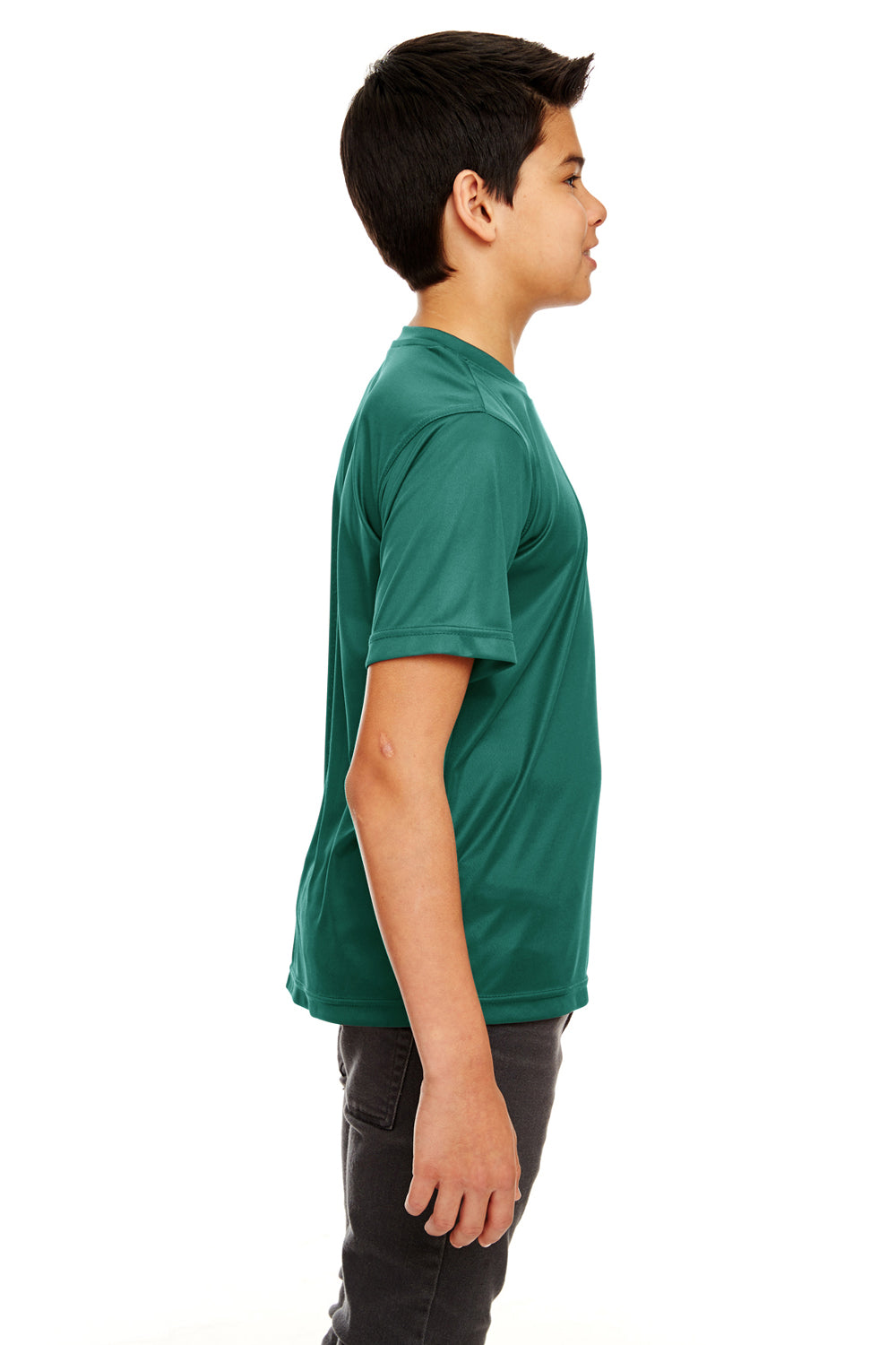 UltraClub 8420Y Youth Cool & Dry Performance Moisture Wicking Short Sleeve Crewneck T-Shirt Forest Green Model Side