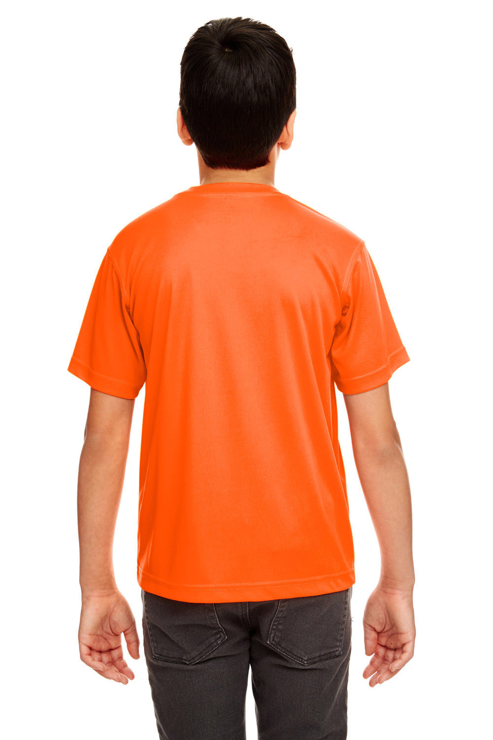 UltraClub 8420Y Youth Cool & Dry Performance Moisture Wicking Short Sleeve Crewneck T-Shirt Bright Orange Model Back