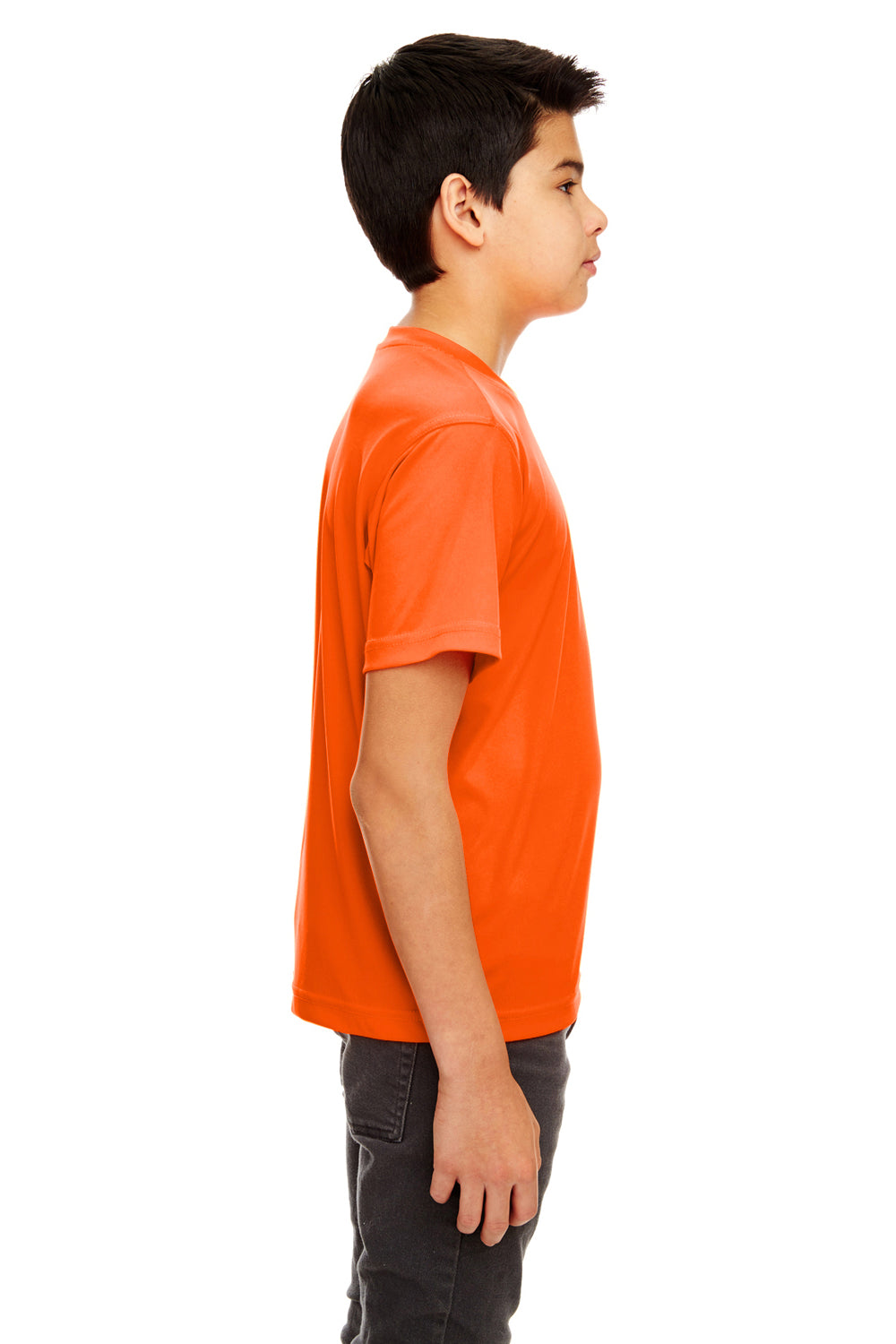 UltraClub 8420Y Youth Cool & Dry Performance Moisture Wicking Short Sleeve Crewneck T-Shirt Bright Orange Model Side