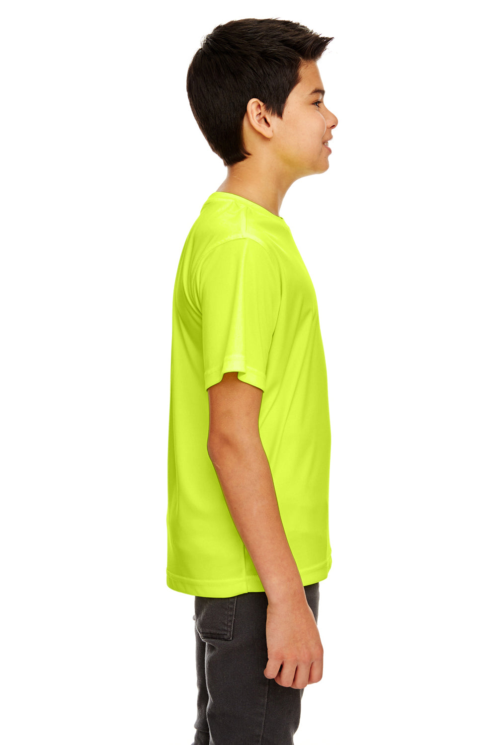 UltraClub 8420Y Youth Cool & Dry Performance Moisture Wicking Short Sleeve Crewneck T-Shirt Bright Yellow Model Side