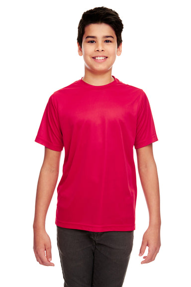 UltraClub 8420Y Youth Cool & Dry Performance Moisture Wicking Short Sleeve Crewneck T-Shirt Red Model Front