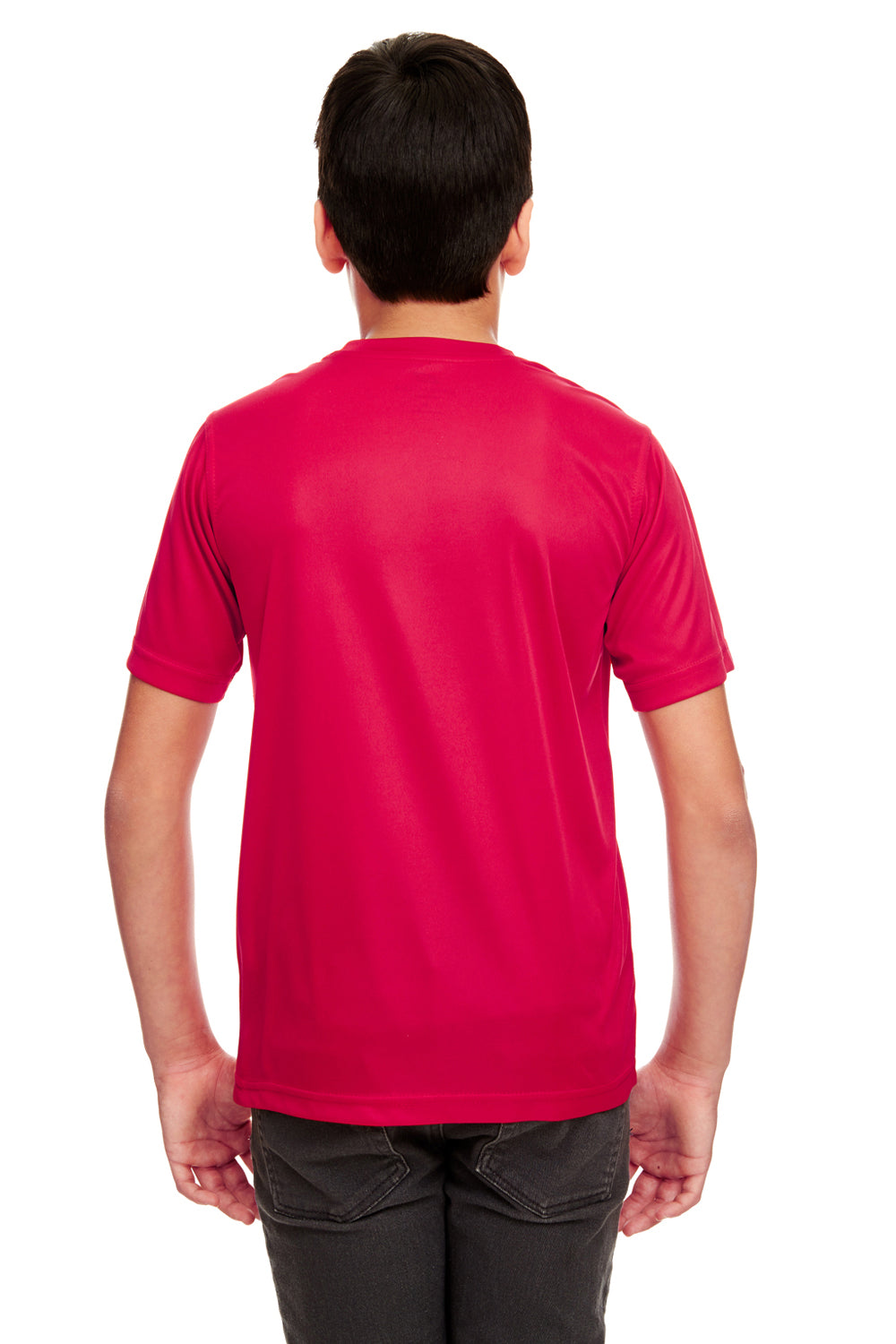 UltraClub 8420Y Youth Cool & Dry Performance Moisture Wicking Short Sleeve Crewneck T-Shirt Red Model Back