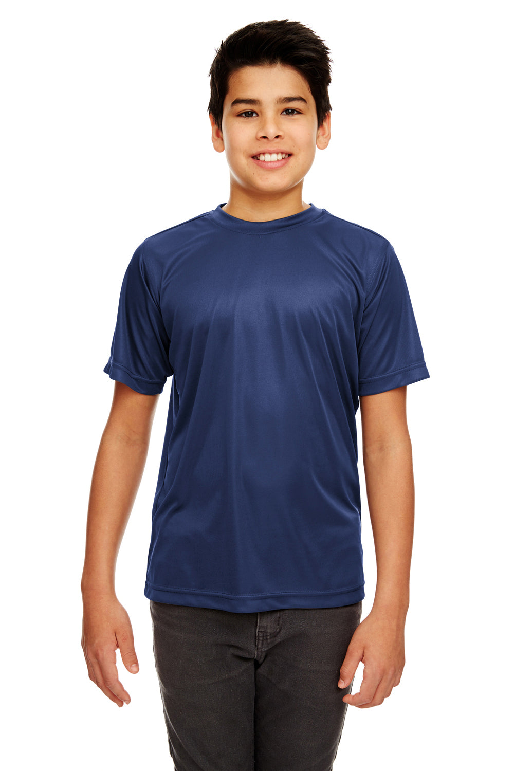 UltraClub 8420Y Youth Cool & Dry Performance Moisture Wicking Short Sleeve Crewneck T-Shirt Navy Blue Model Front