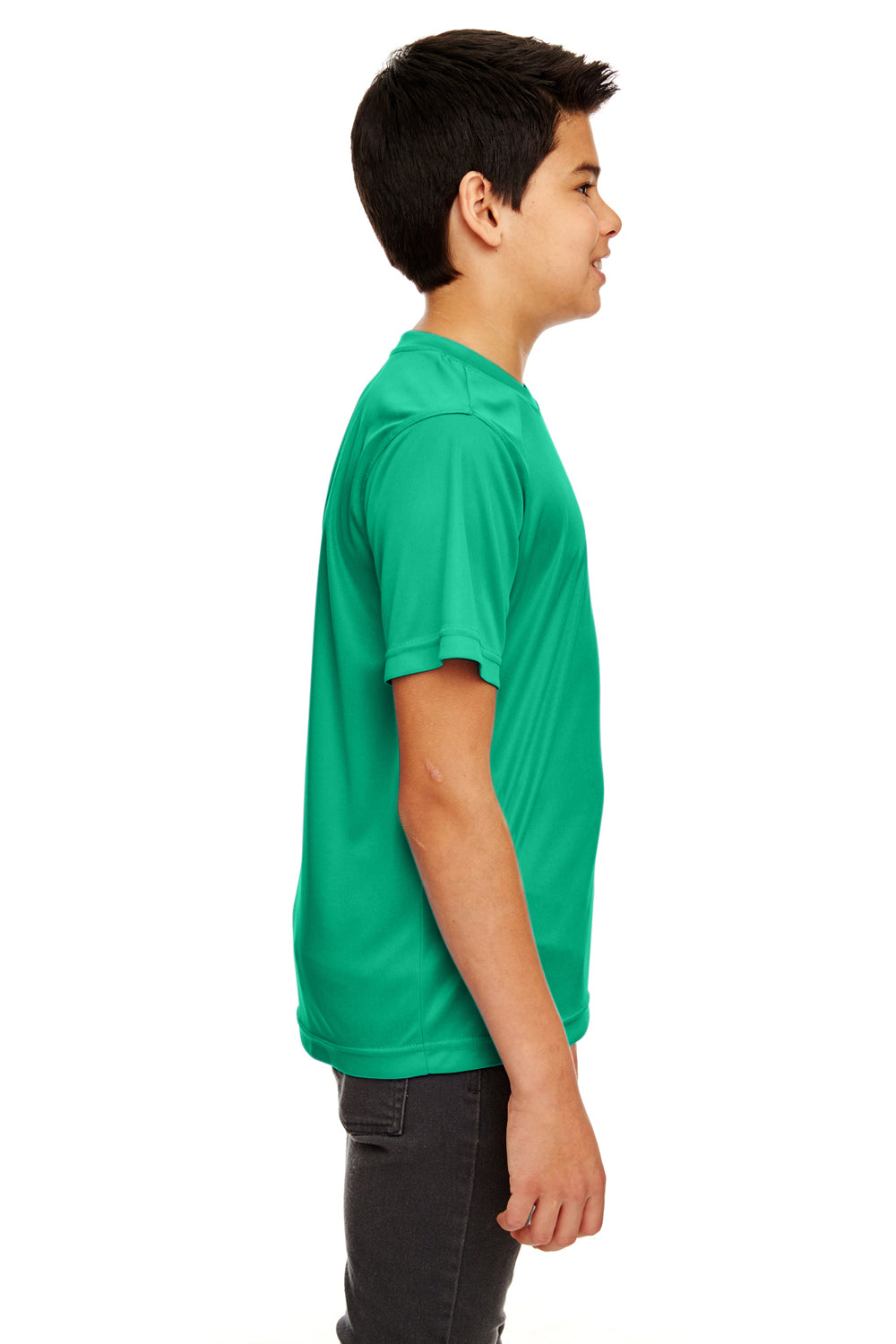 UltraClub 8420Y Youth Cool & Dry Performance Moisture Wicking Short Sleeve Crewneck T-Shirt Kelly Green Model Side