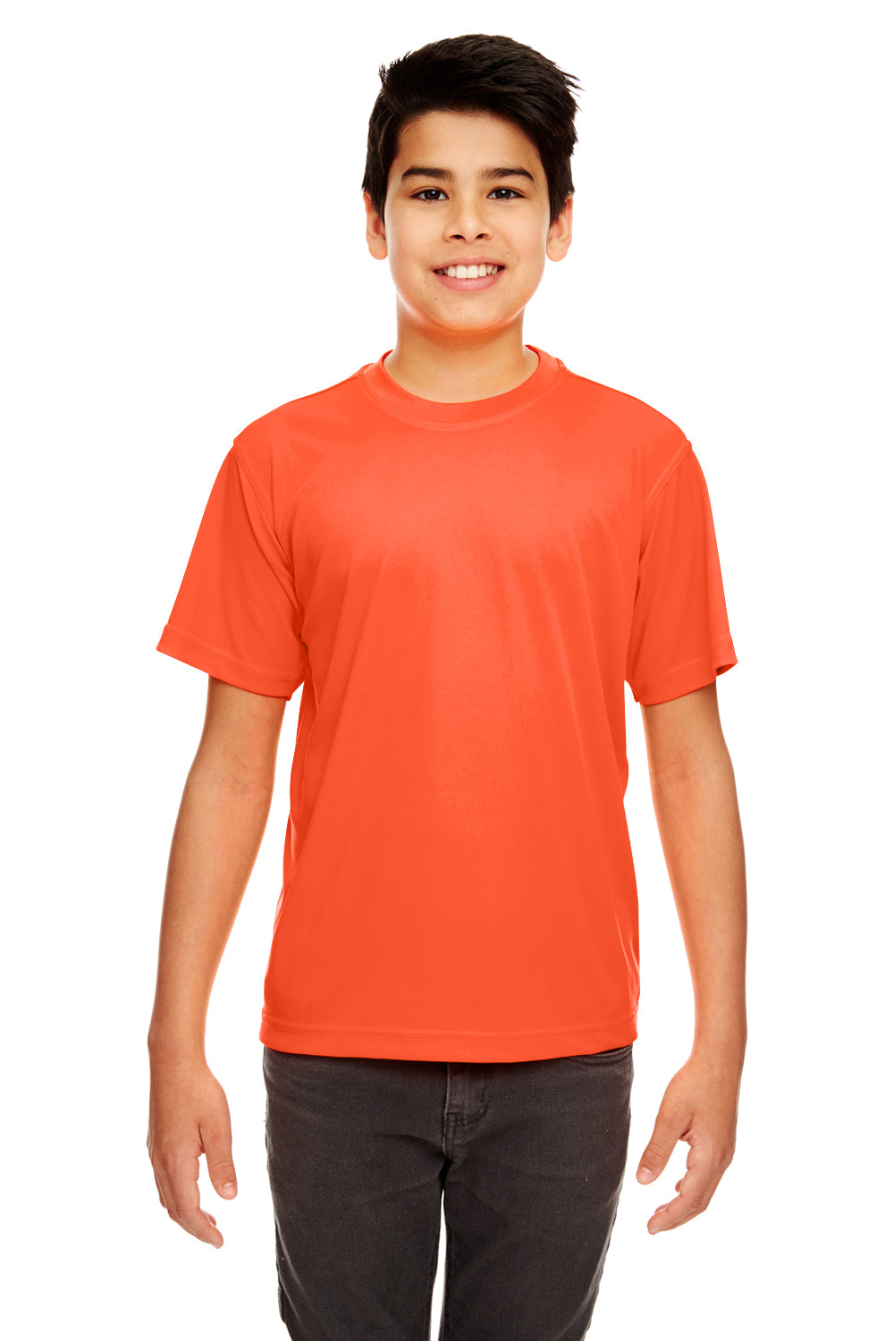 UltraClub 8420Y Youth Cool & Dry Performance Moisture Wicking Short Sleeve Crewneck T-Shirt Orange Model Front