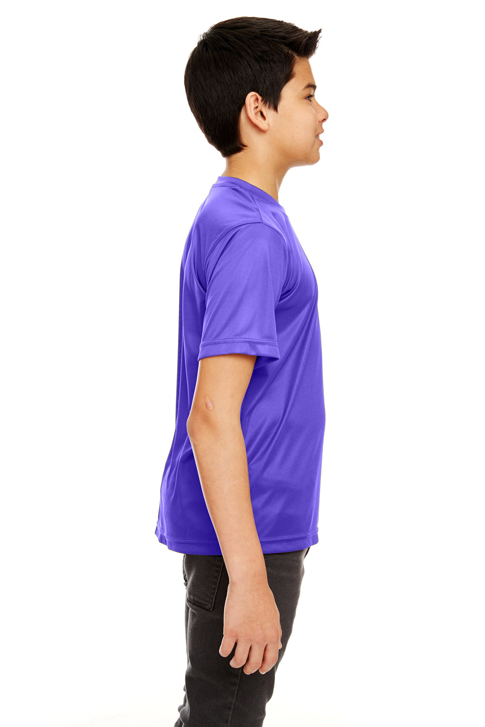 UltraClub 8420Y Youth Cool & Dry Performance Moisture Wicking Short Sleeve Crewneck T-Shirt Purple Model Side