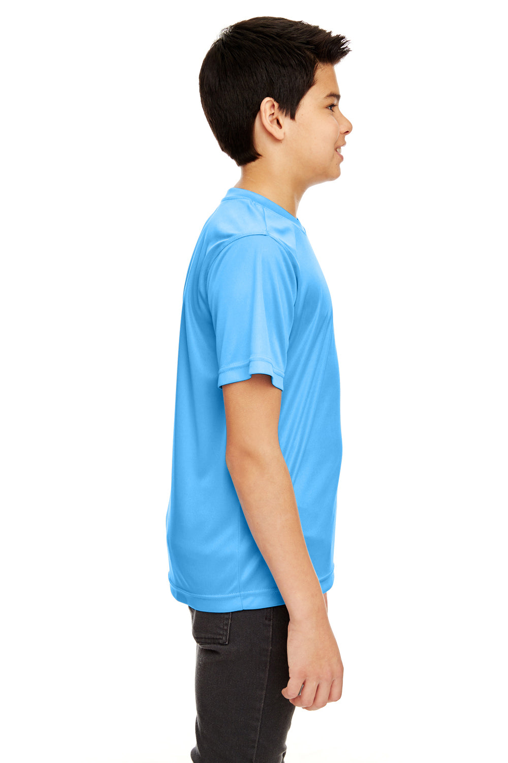 UltraClub 8420Y Youth Cool & Dry Performance Moisture Wicking Short Sleeve Crewneck T-Shirt Columbia Blue Model Side