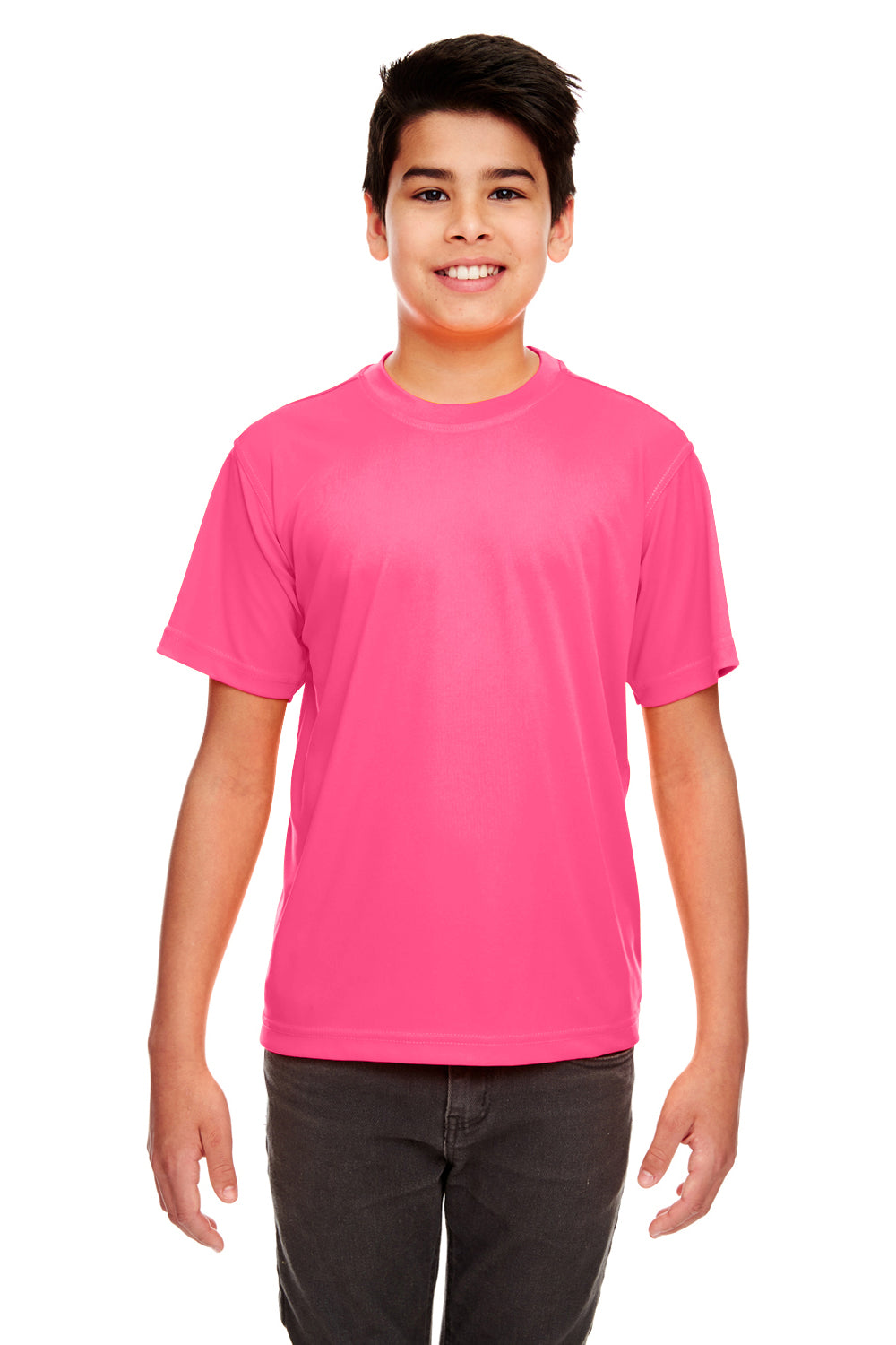 UltraClub 8420Y Youth Cool & Dry Performance Moisture Wicking Short Sleeve Crewneck T-Shirt Heliconia Pink Model Front