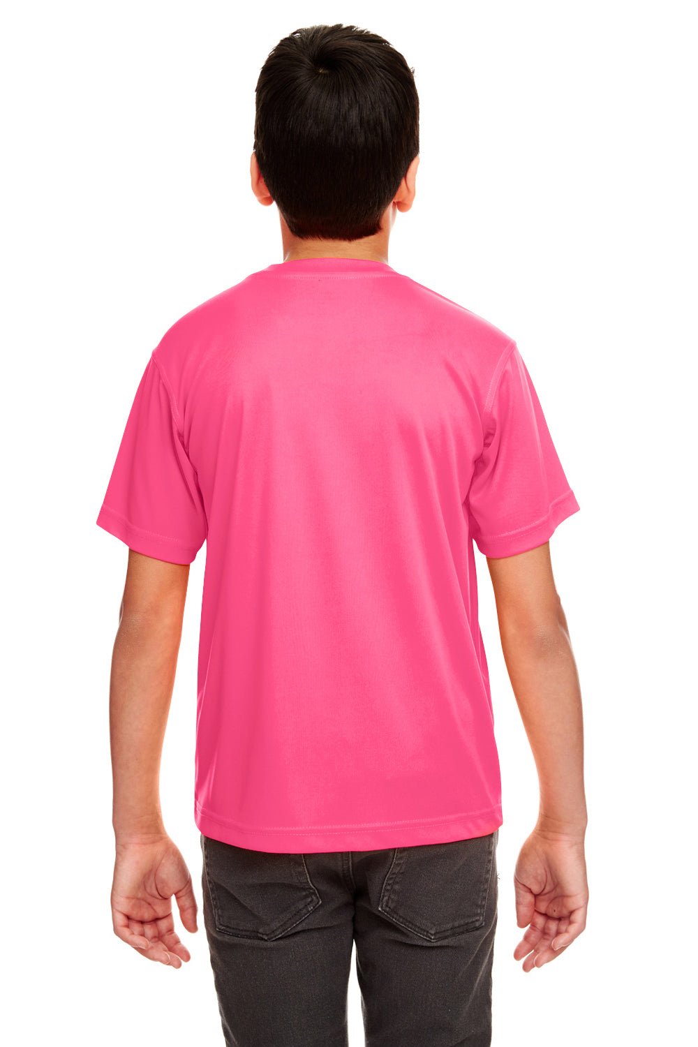 UltraClub 8420Y Youth Cool & Dry Performance Moisture Wicking Short Sleeve Crewneck T-Shirt Heliconia Pink Model Back