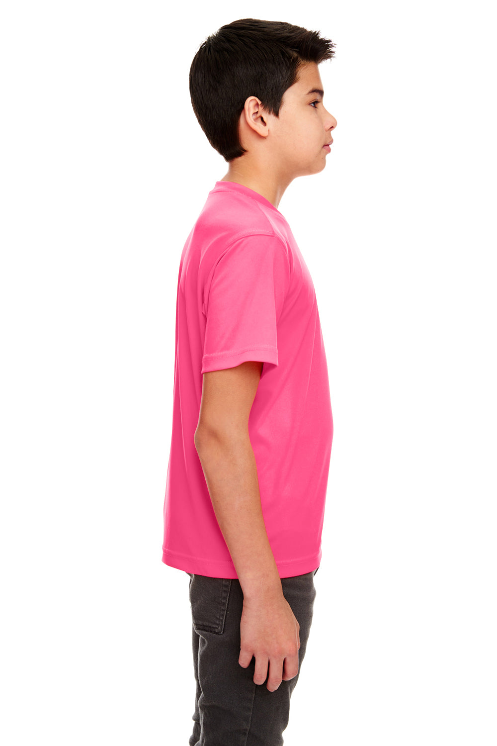 UltraClub 8420Y Youth Cool & Dry Performance Moisture Wicking Short Sleeve Crewneck T-Shirt Heliconia Pink Model Side