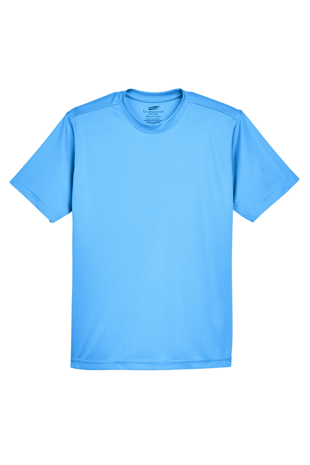 UltraClub 8420Y Youth Cool & Dry Performance Moisture Wicking Short Sleeve Crewneck T-Shirt Columbia Blue Flat Front