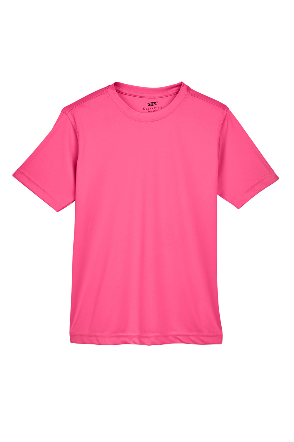 UltraClub 8420Y Youth Cool & Dry Performance Moisture Wicking Short Sleeve Crewneck T-Shirt Heliconia Pink Flat Front